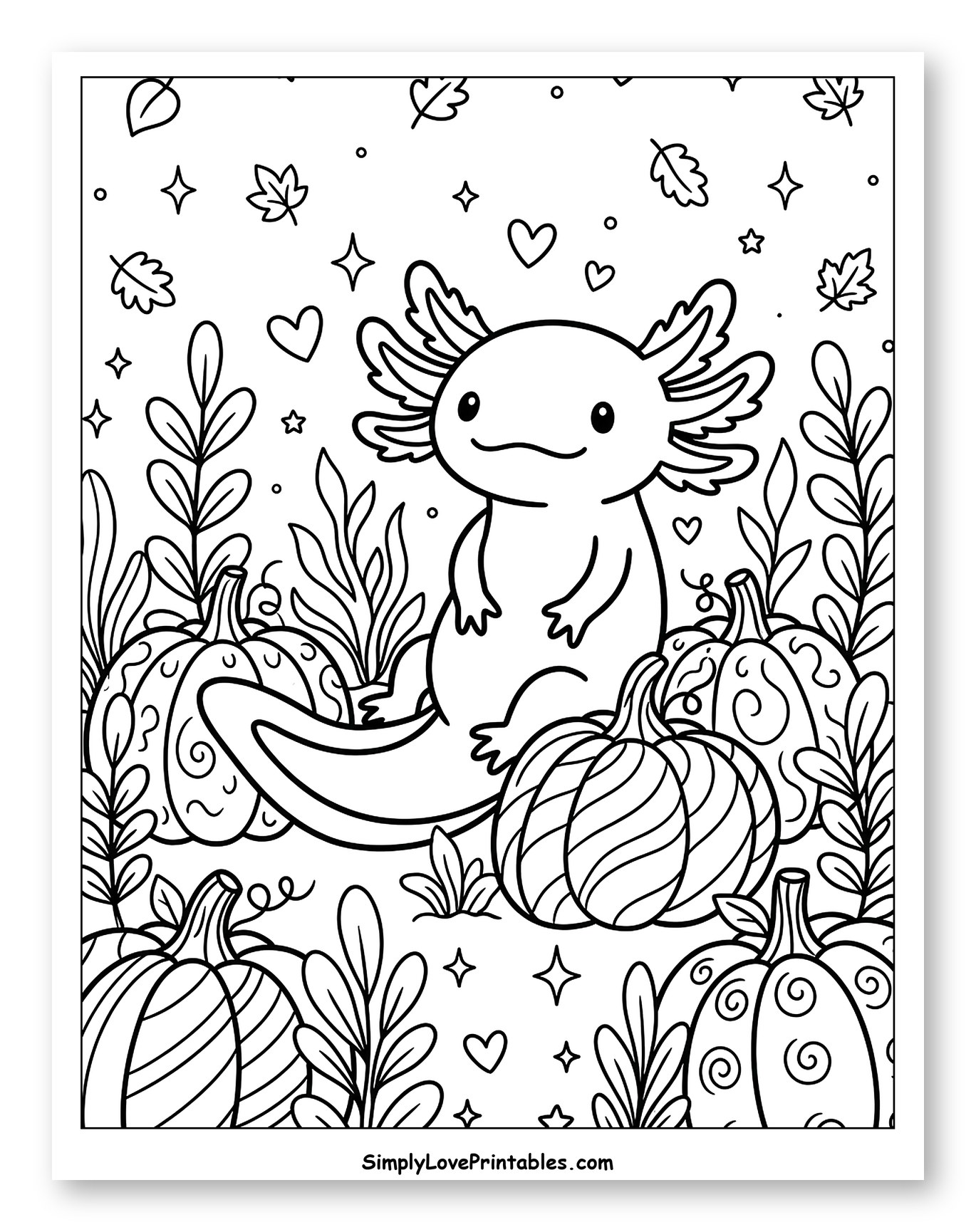 Cute Axolotl Among Fall Pumpkins and Leaves