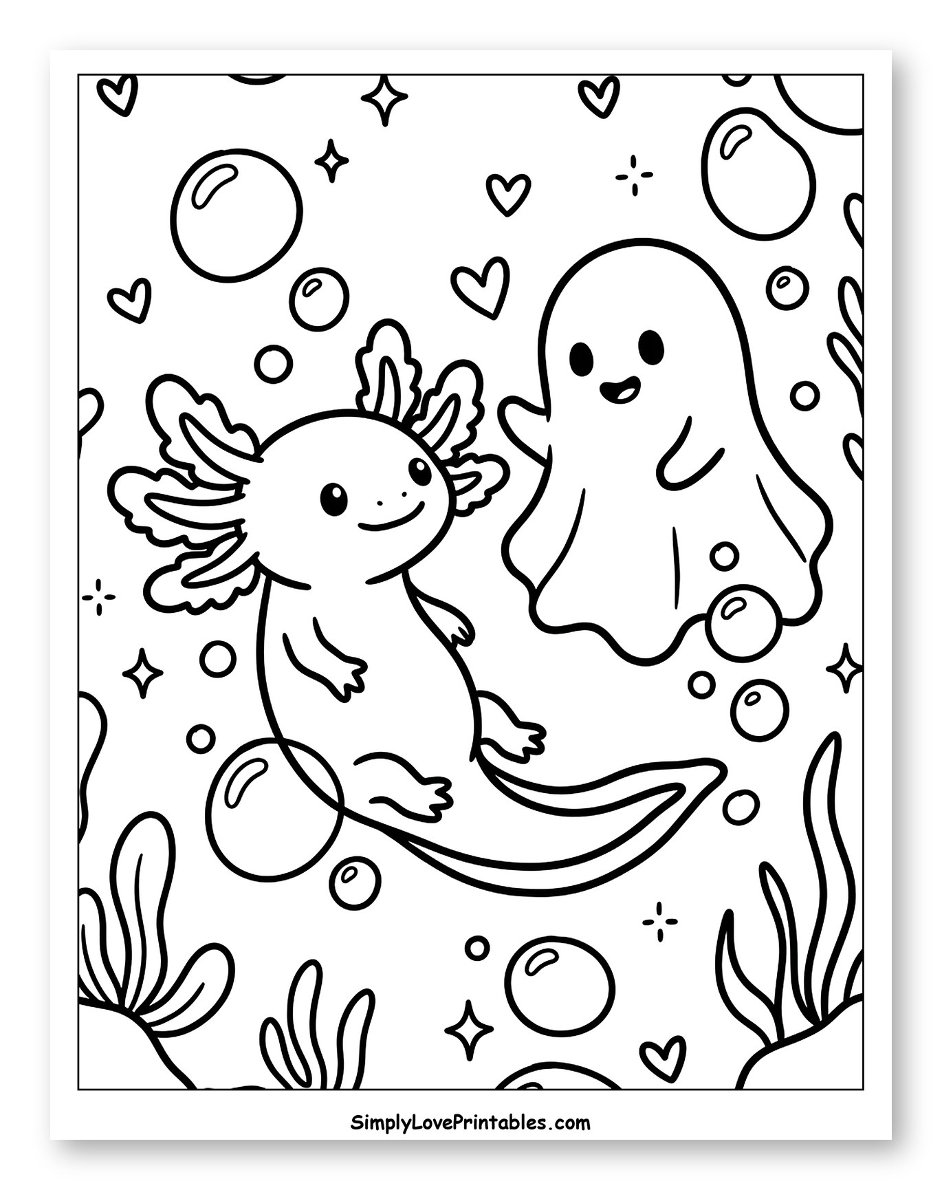 Cute Axolotl and Ghost Friends to Color for Adults