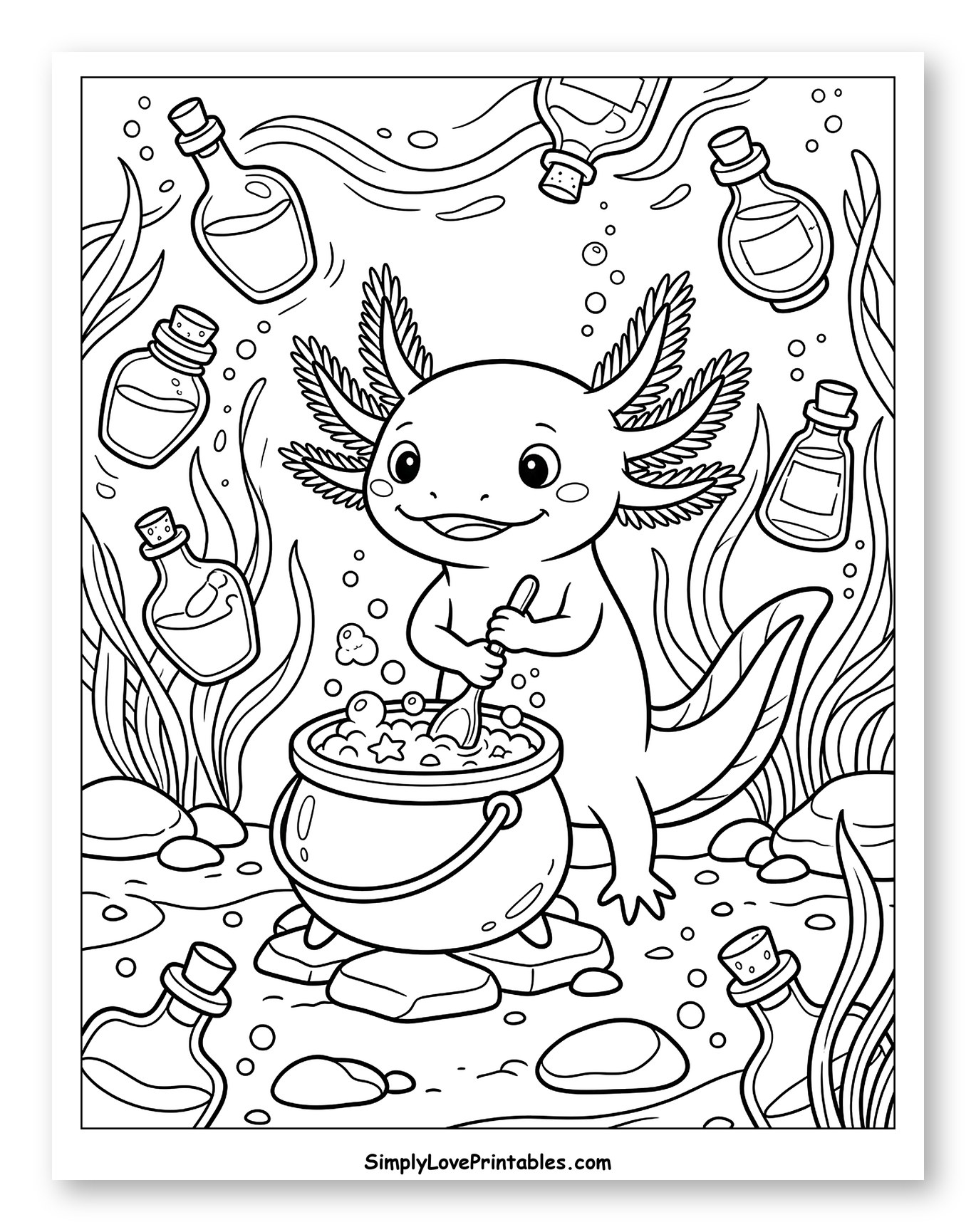 Cute Axolotl Brewing a Magic Potion Coloring Sheet for Kids