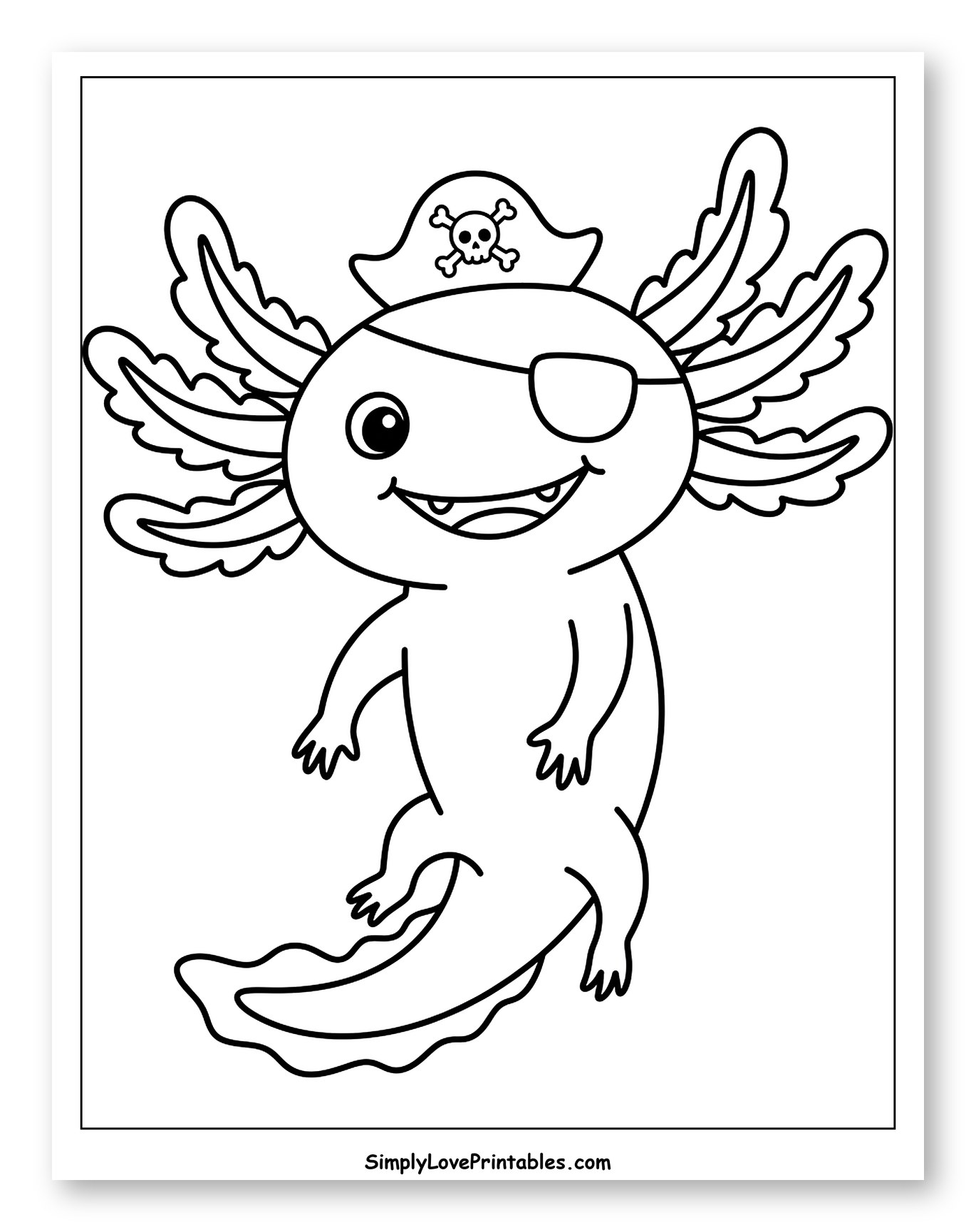 Cute Axolotl Dressed as a Pirate to Color for Toddlers