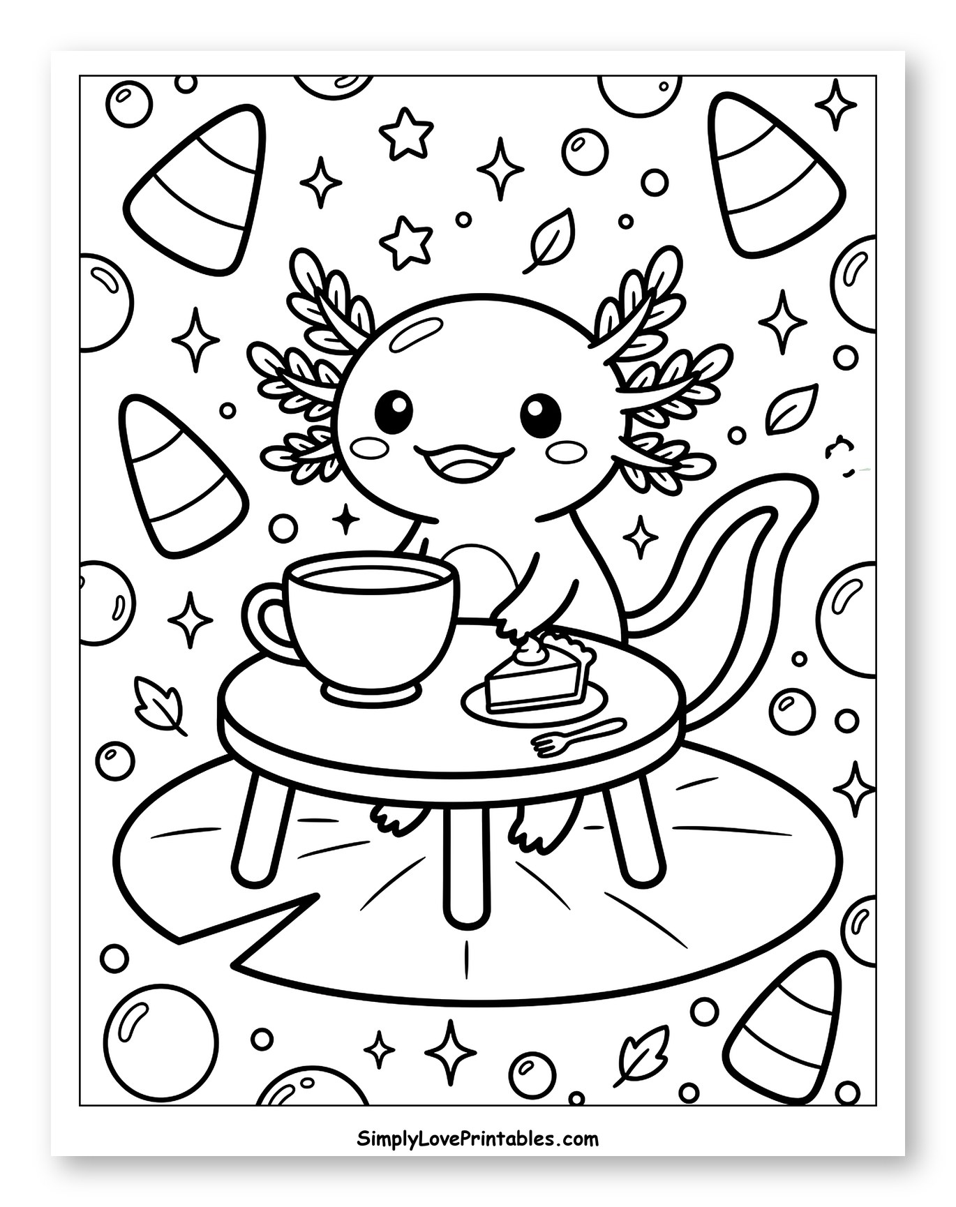 Cute Axolotl Enjoying Tea and Cake Coloring Sheet for Adults