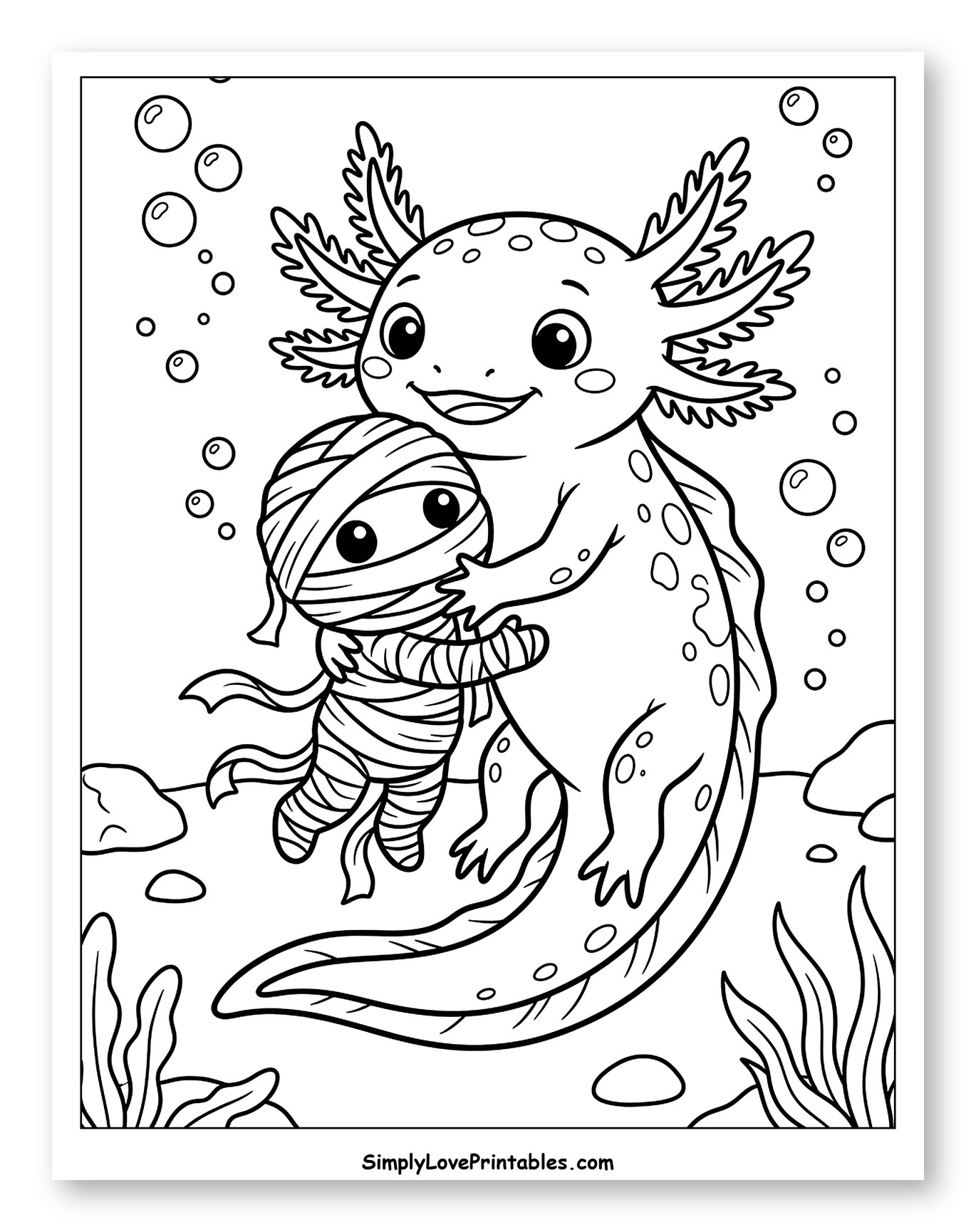 Cute Axolotl Hugging Little Mummy Underwater to Color for Kids