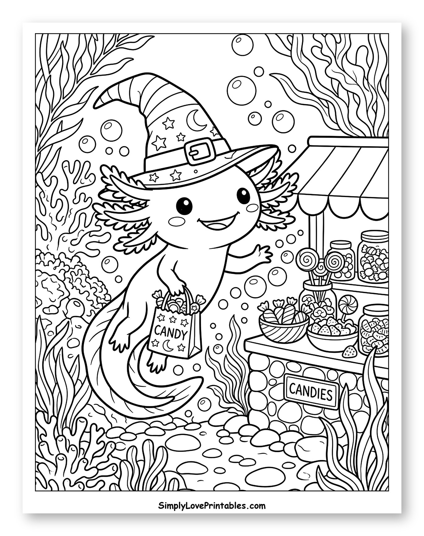 Cute Axolotl Trick-or-Treating at Candy Stand to Color for Kids