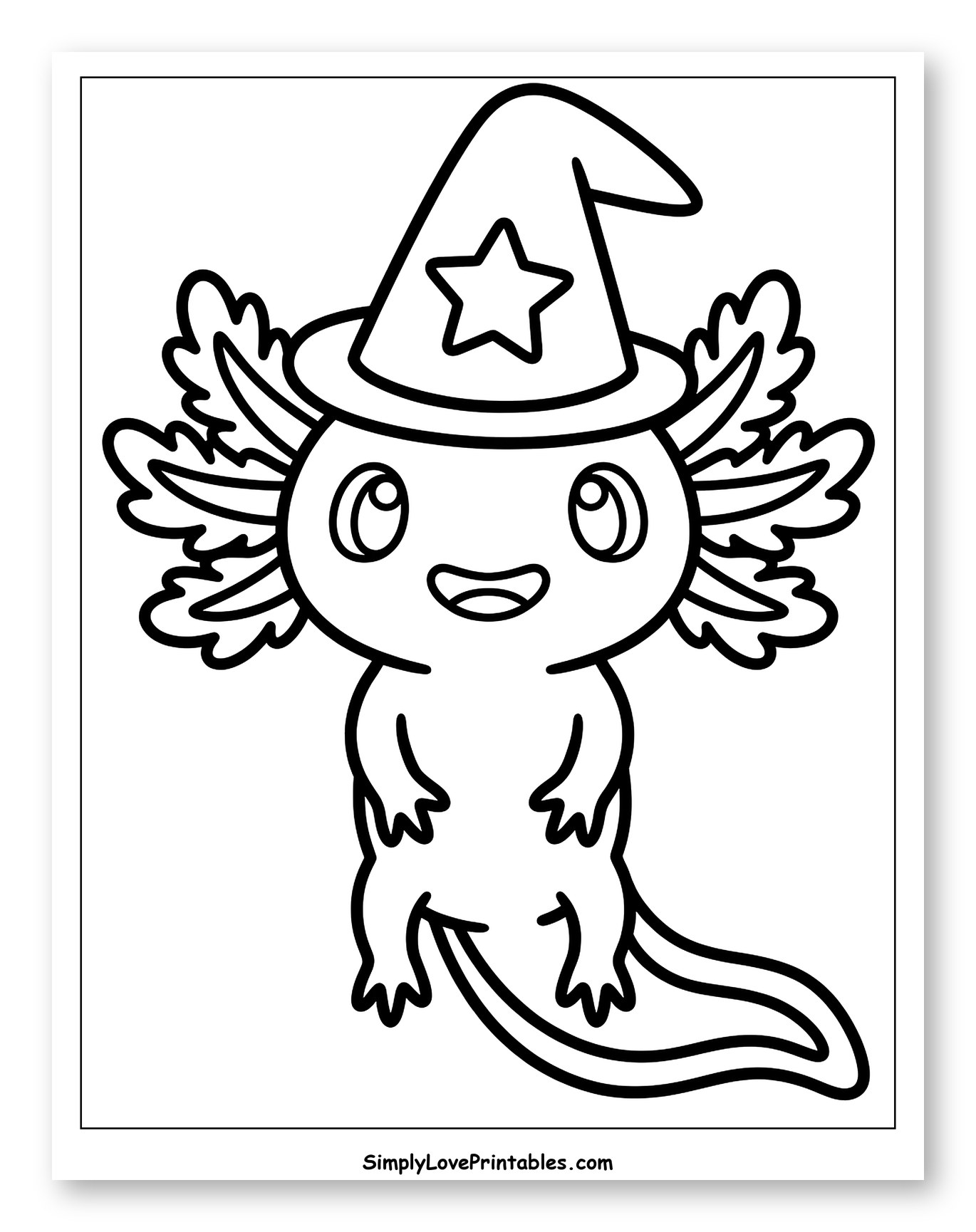 Cute Axolotl Wearing Witch Hat with Star to Color for Toddlers