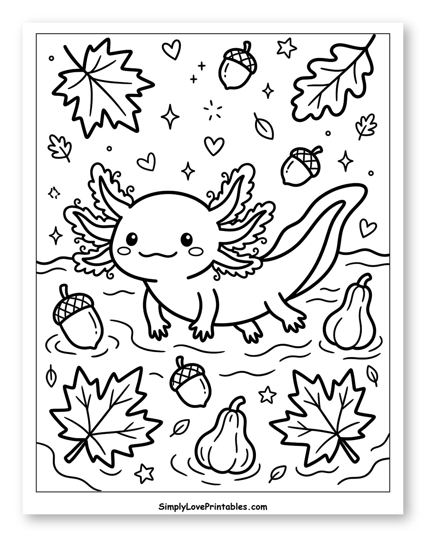 Cute Axolotl with Autumn Leaves and Acorns to Color for Adults