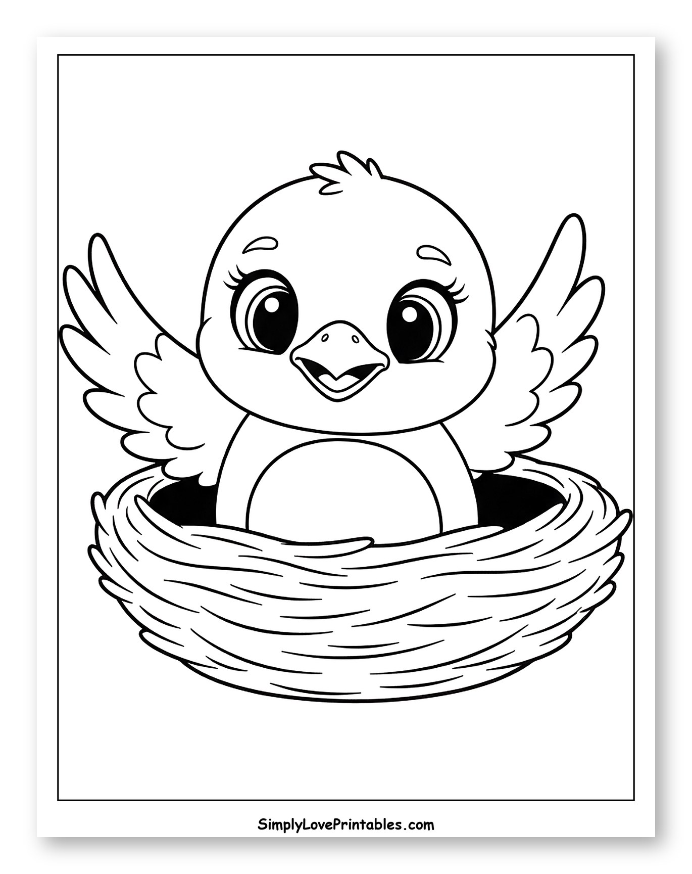 Cute Baby Bird in a Nest Coloring Page for Toddlers