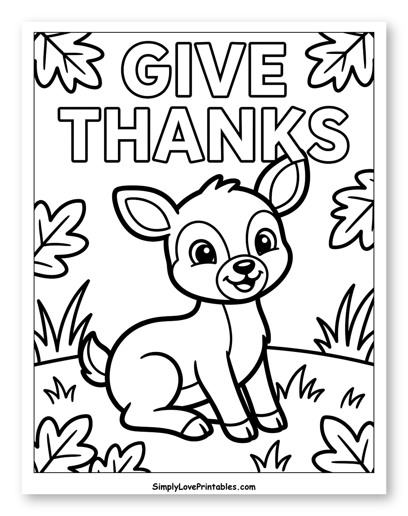 Cute Baby Deer with Give Thanks Greeting to Color for Toddlers