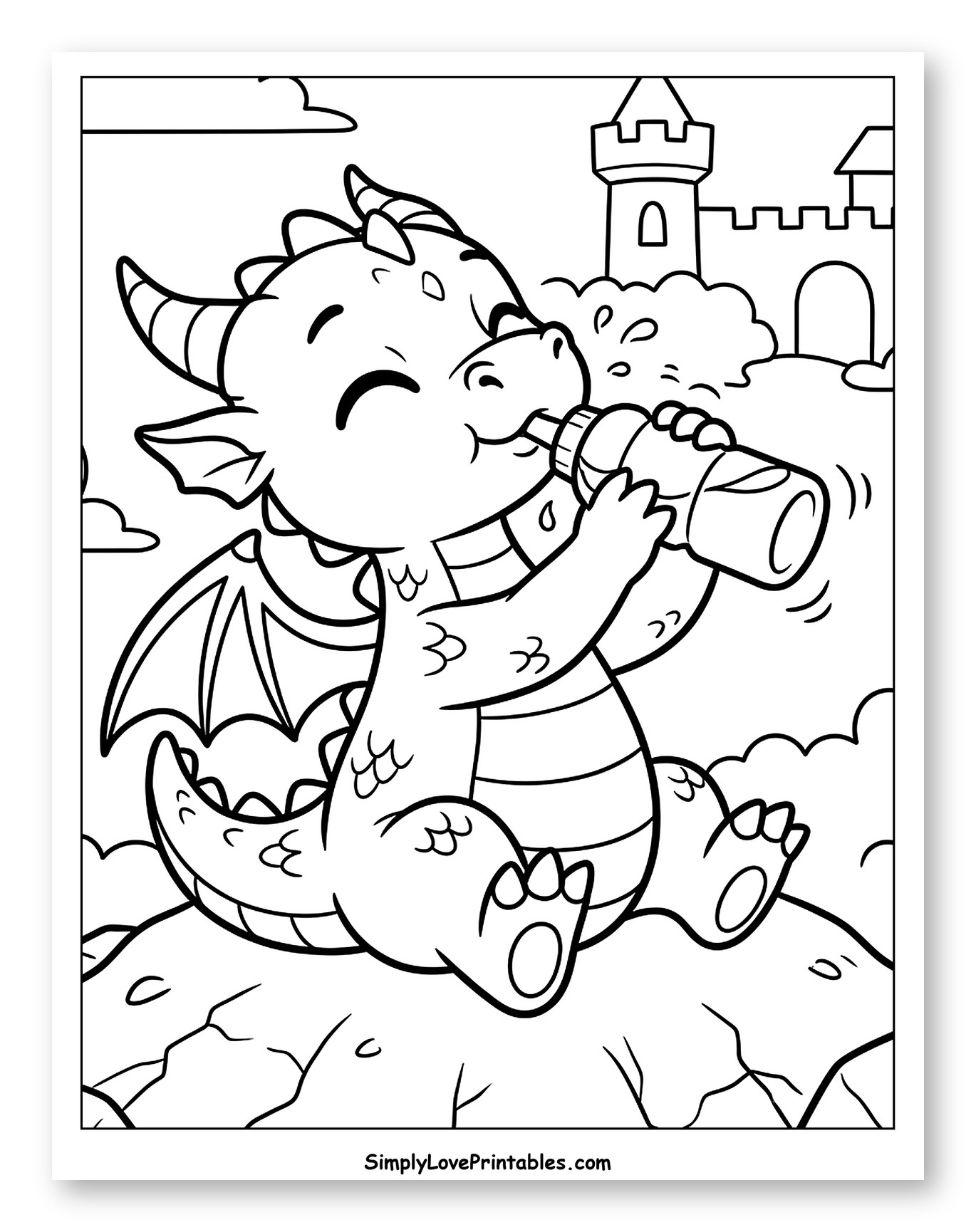 Cute Baby Dragon Drinking from Bottle Coloring Sheet for Kids