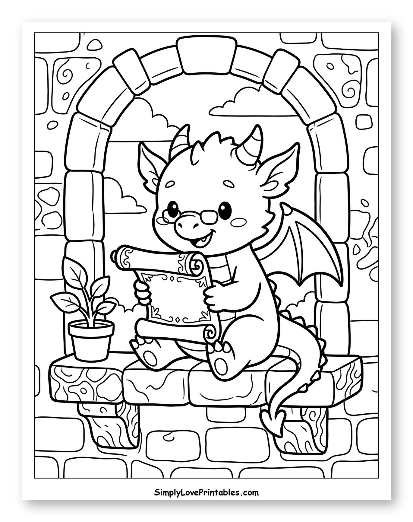 Cute Baby Dragon Reading a Scroll Coloring Page for Kids