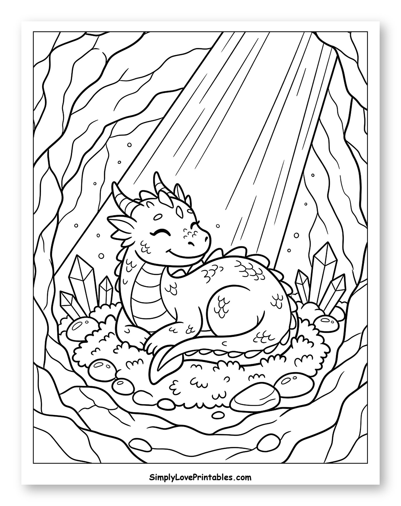Cute Baby Dragon Resting in a Sunlit Cave to Color for Kids