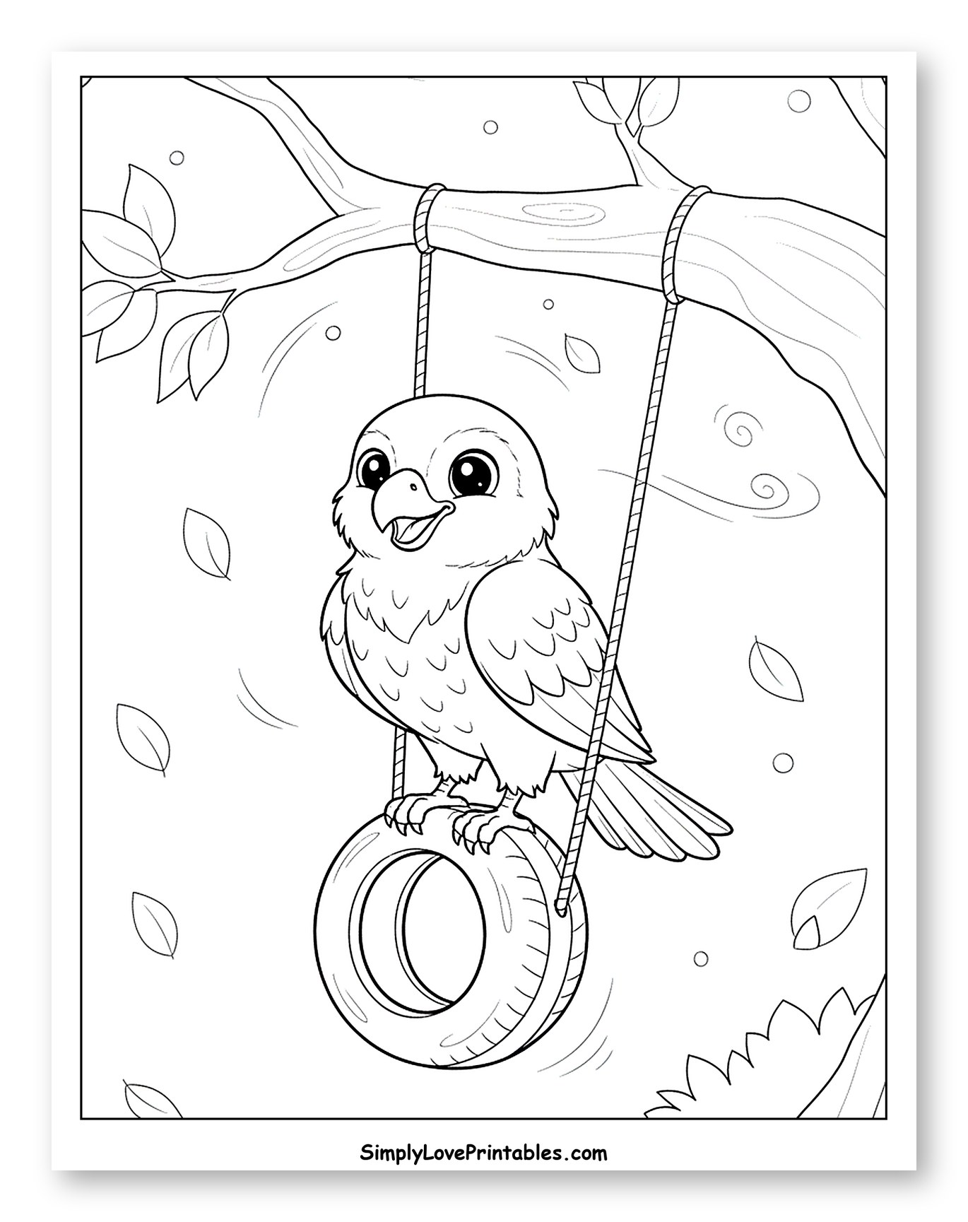 Cute Baby Hawk on a Tire Swing Coloring Page for Kids
