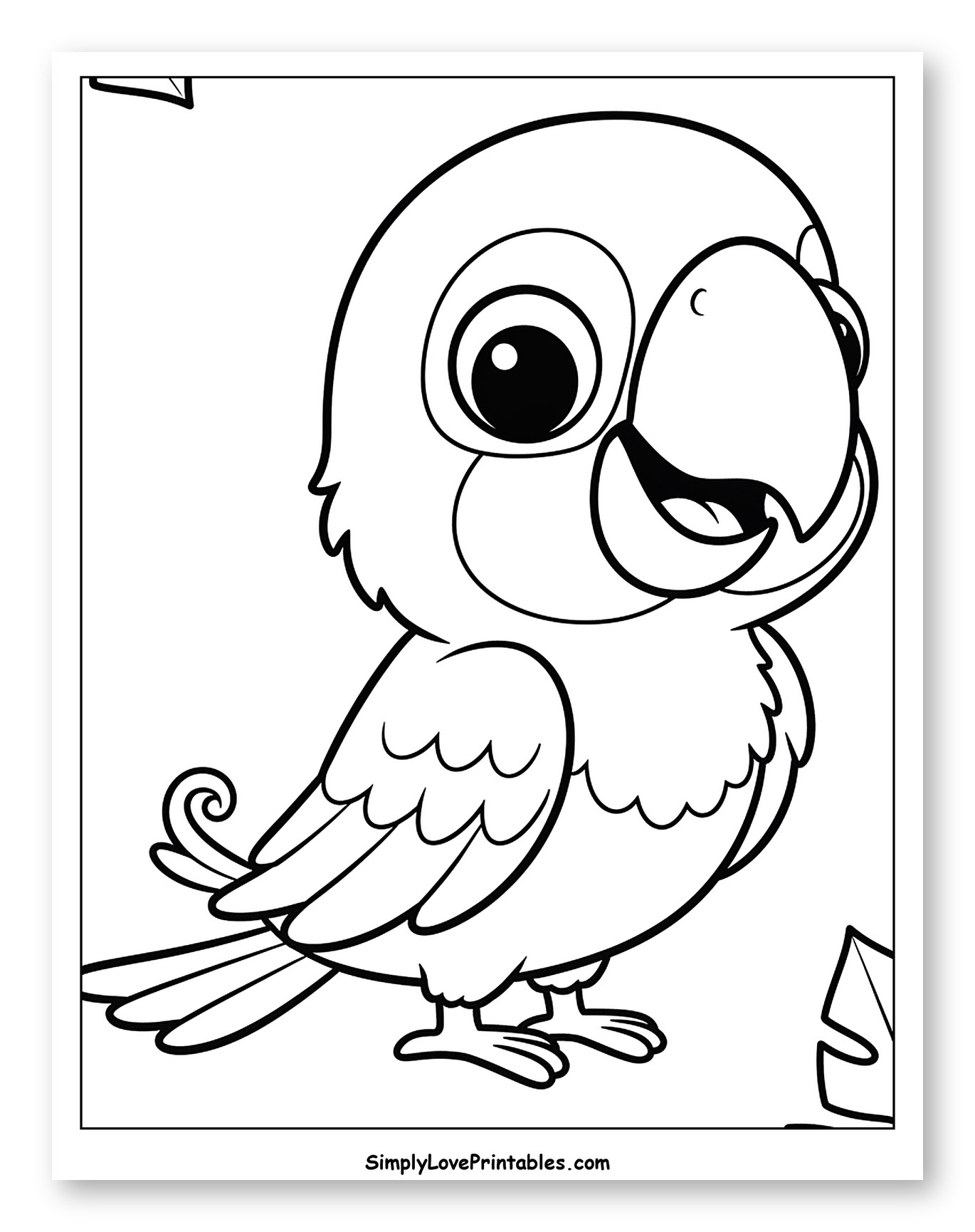 Cute Baby Macaw with Tropical Leaves Coloring Sheet for Toddlers