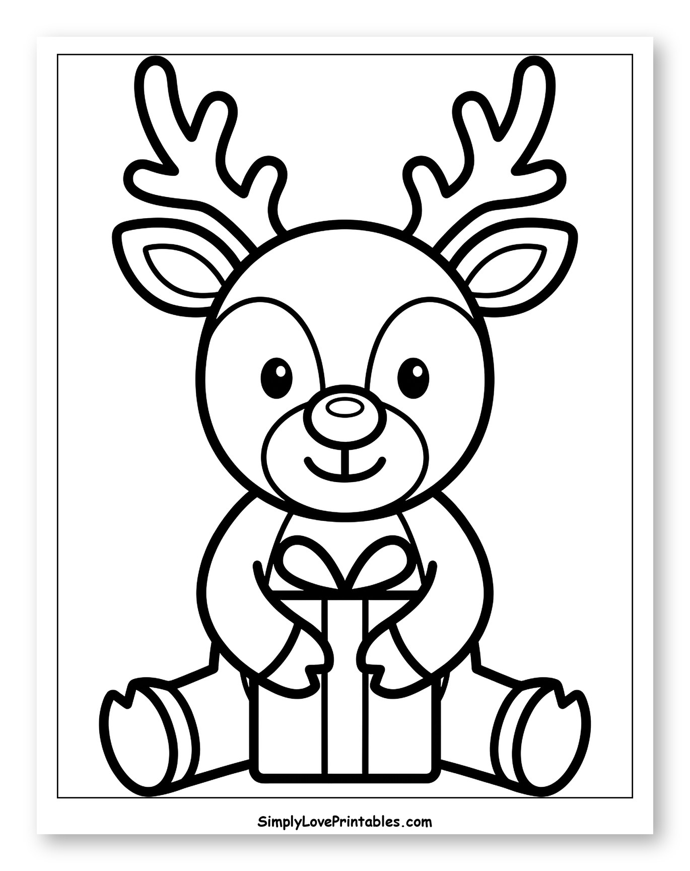 Cute Baby Reindeer Sitting with Christmas Gift Coloring Sheet for Toddlers