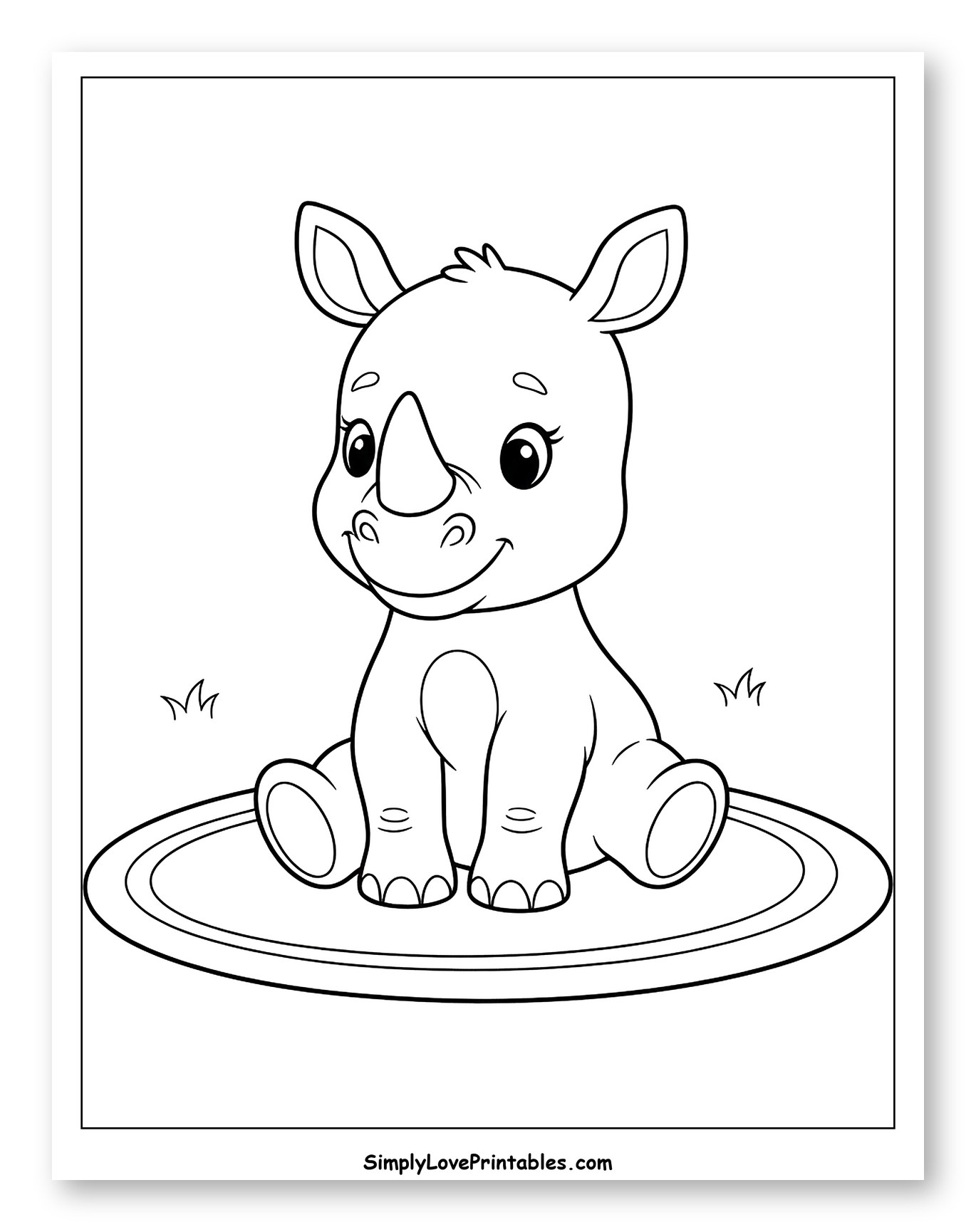 Cute Baby Rhino Sitting on a Rug Coloring Sheet for Toddlers