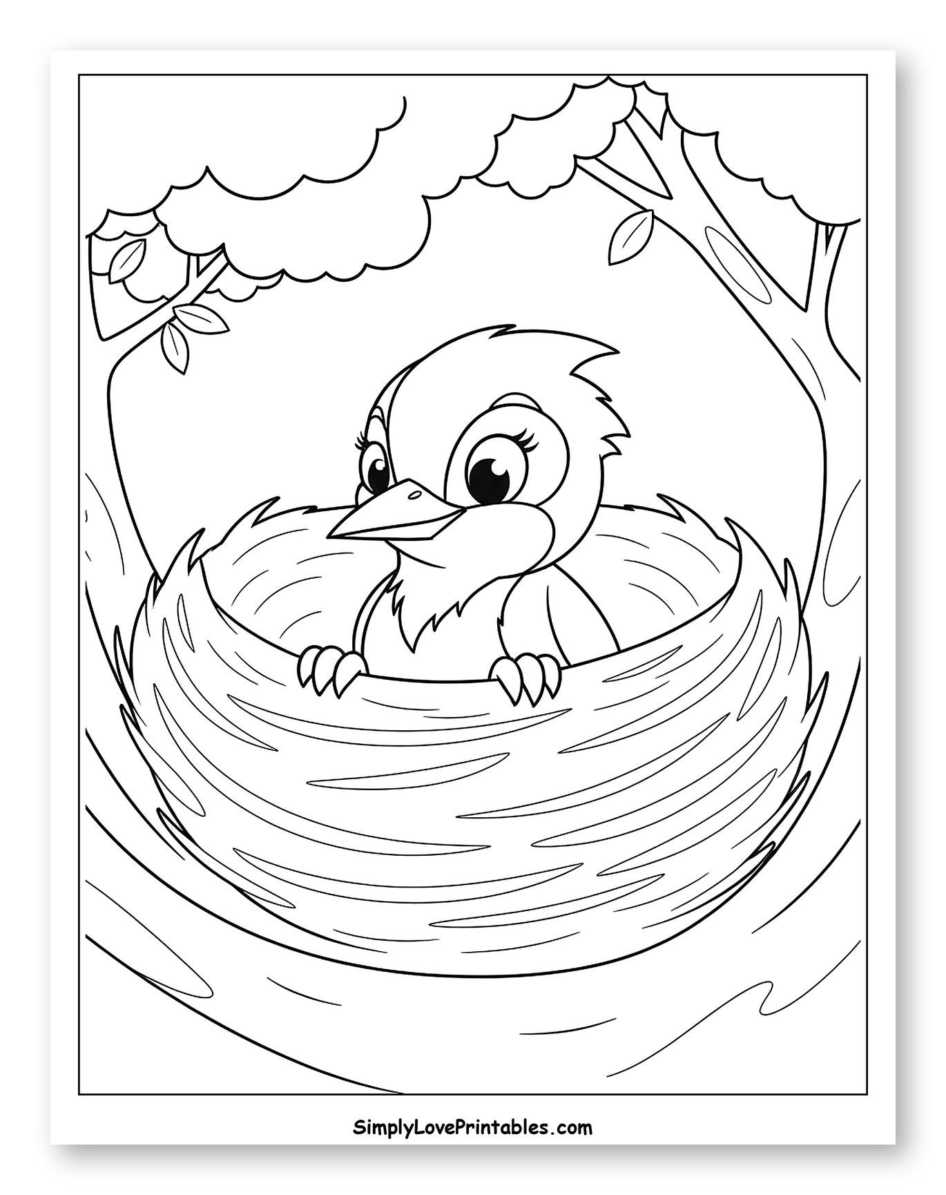 Cute Baby Woodpecker in its Nest Coloring Sheet for Toddlers