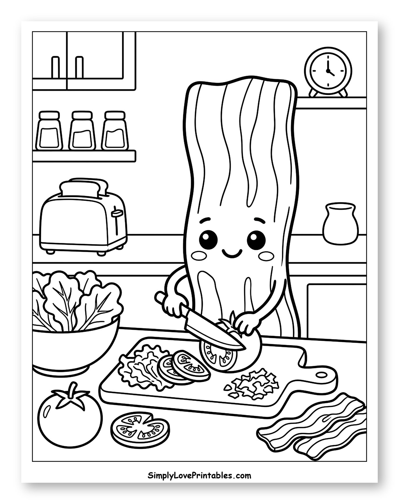 Cute Bacon Chopping Tomato for a Sandwich Coloring Sheet for Kids