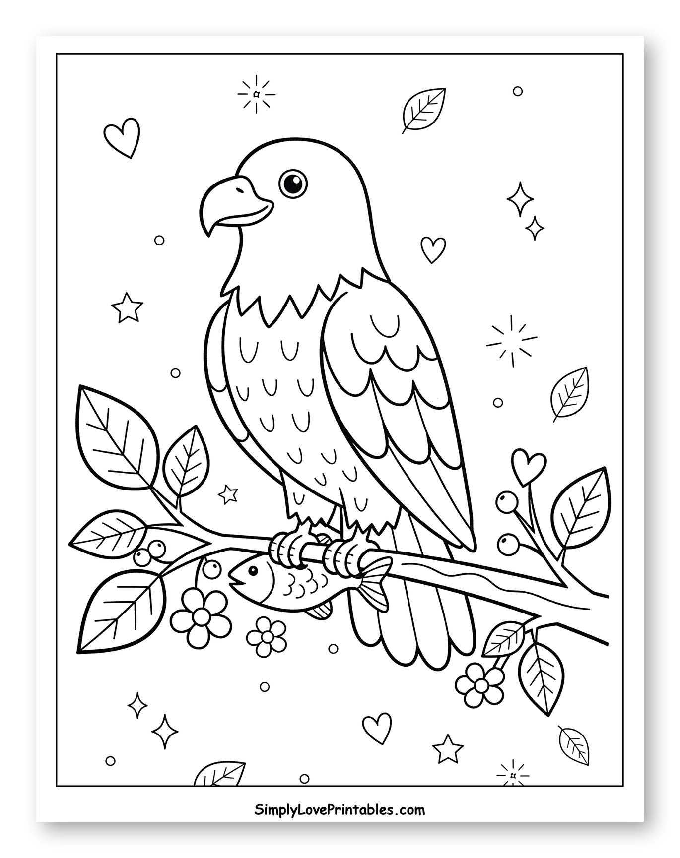 Cute Bald Eagle Holding Fish on Branch Coloring Sheet for Adults
