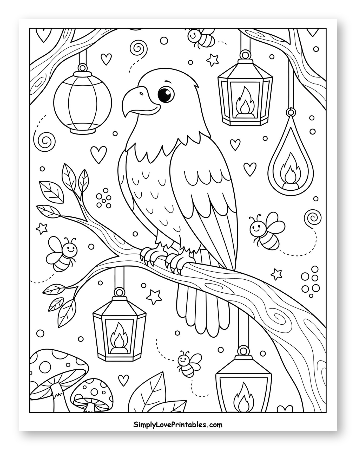Cute Bald Eagle on Branch with Lanterns to Color for Adults