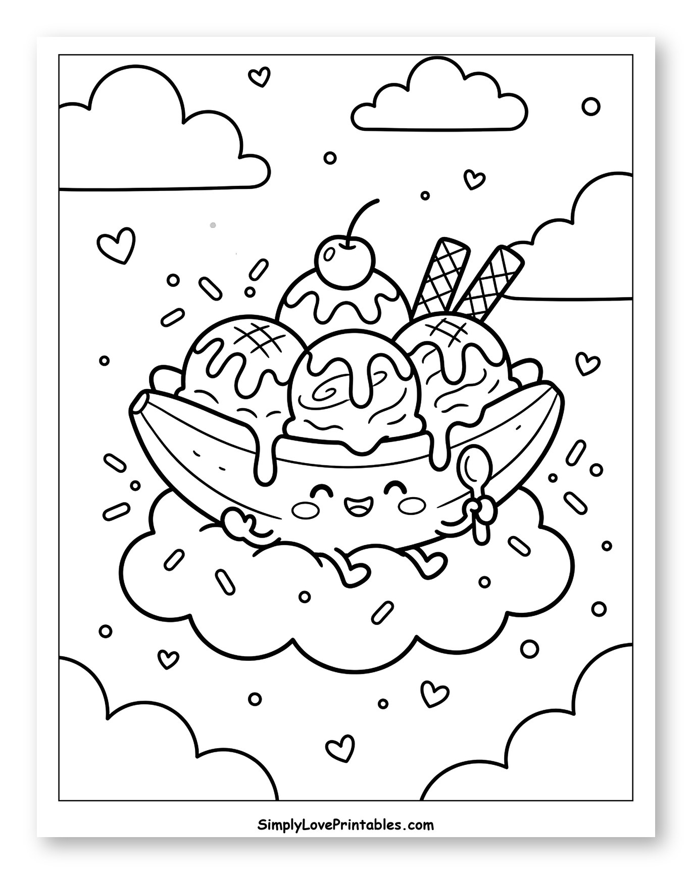 Cute Banana Split on a Cloud Coloring Page for Kids