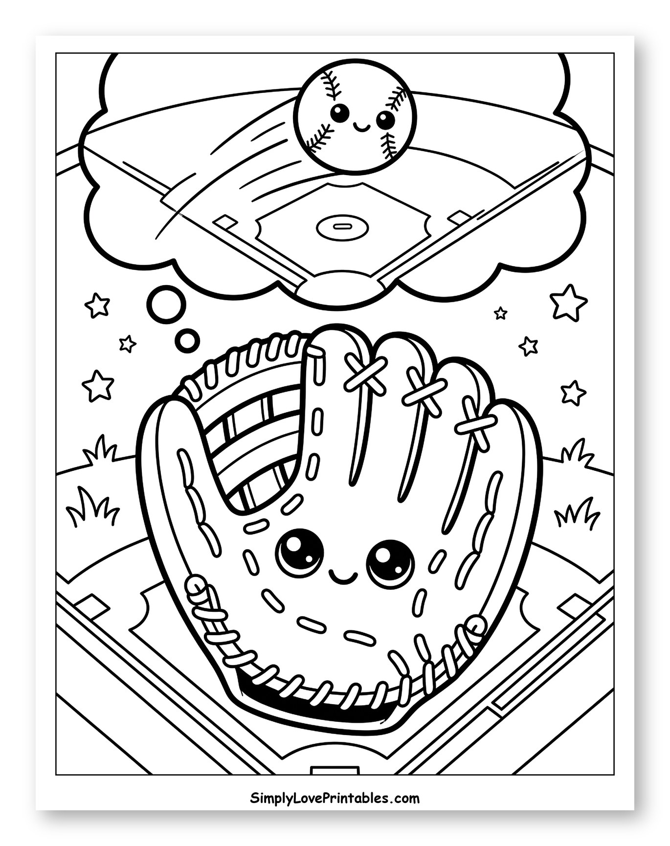 Cute Baseball Glove Dreams of Flying Ball Coloring Sheet for Kids