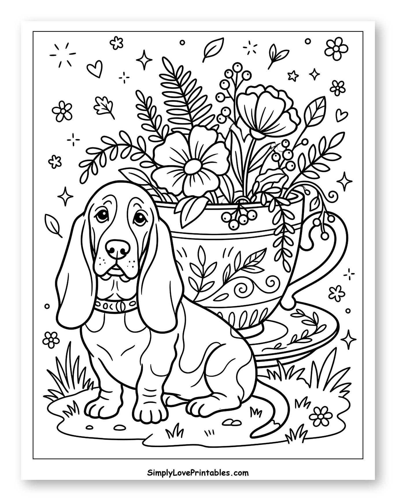 Cute Basset Hound by a Teacup of Flowers Coloring Sheet for Adults