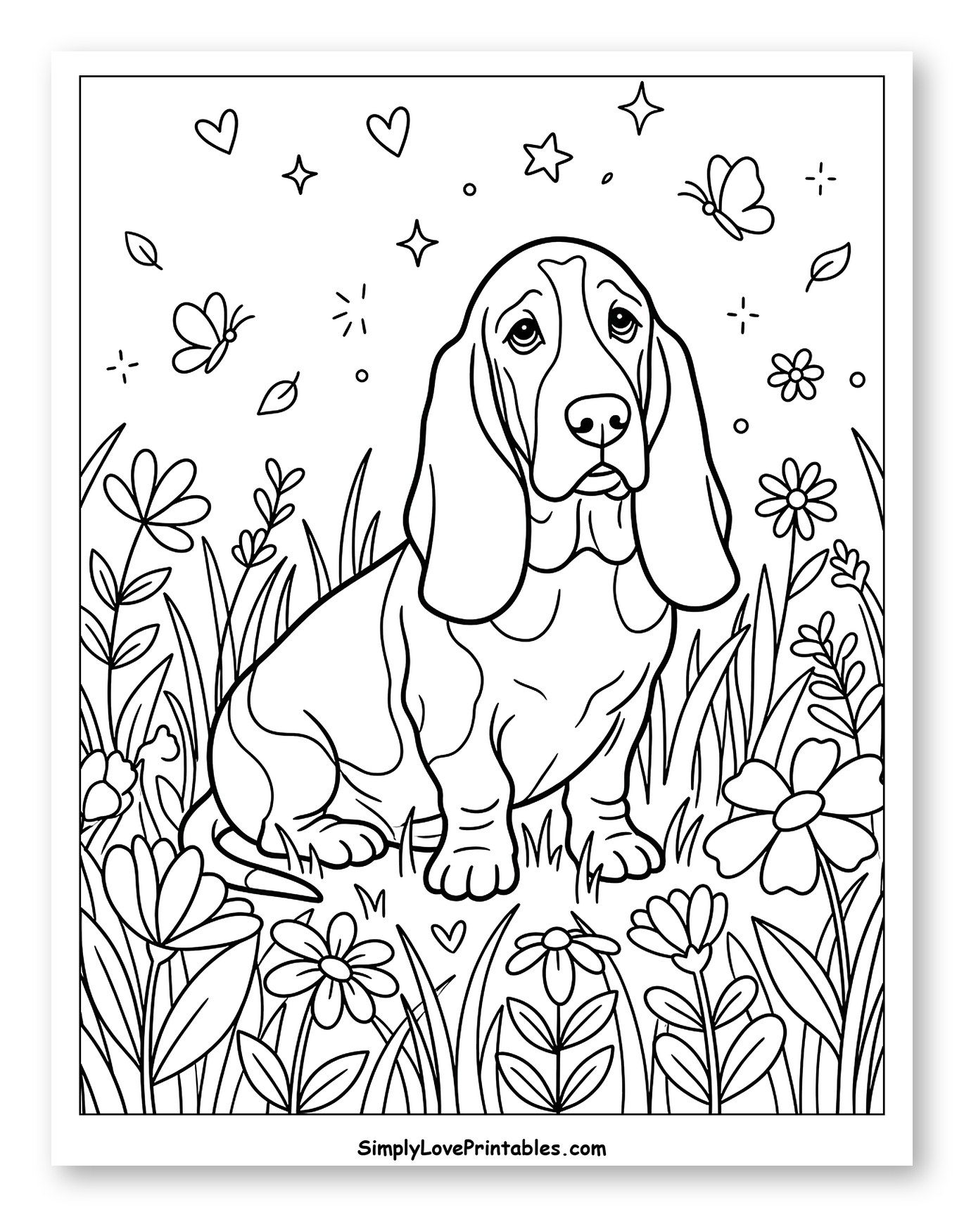 Cute Basset Hound in a Whimsical Flower Garden