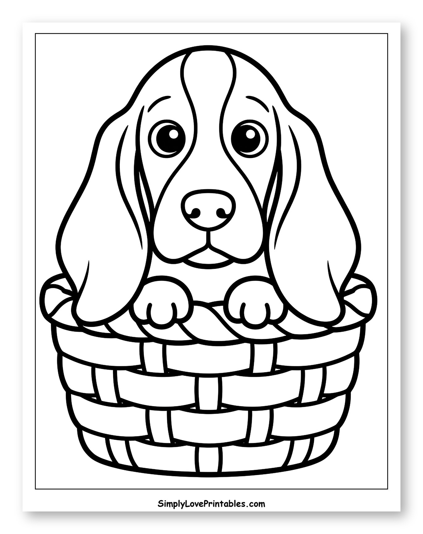 Cute Basset Hound Puppy in a Basket Coloring Sheet for Toddlers