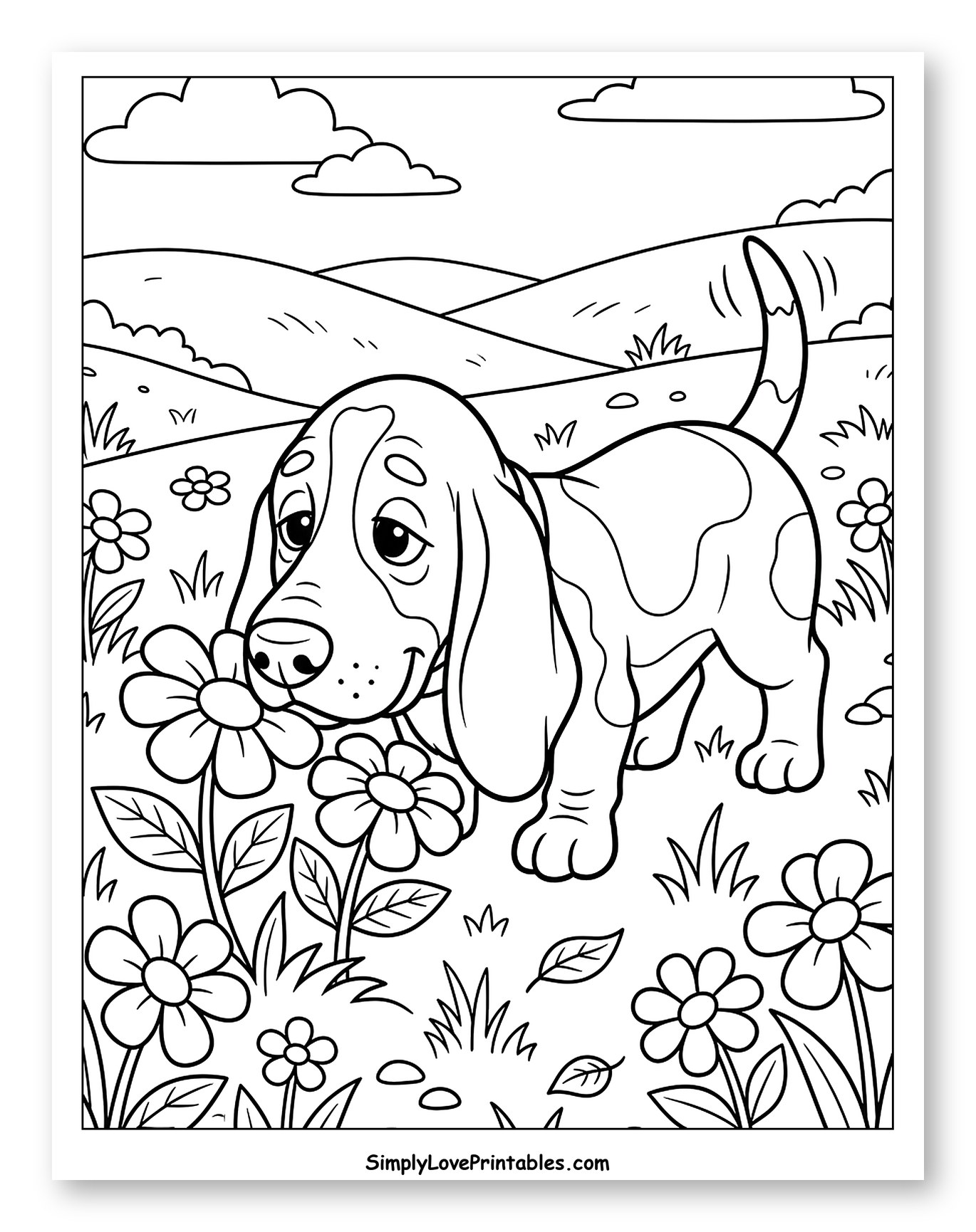 Cute Basset Hound Puppy Smelling a Flower Coloring Sheet for Kids