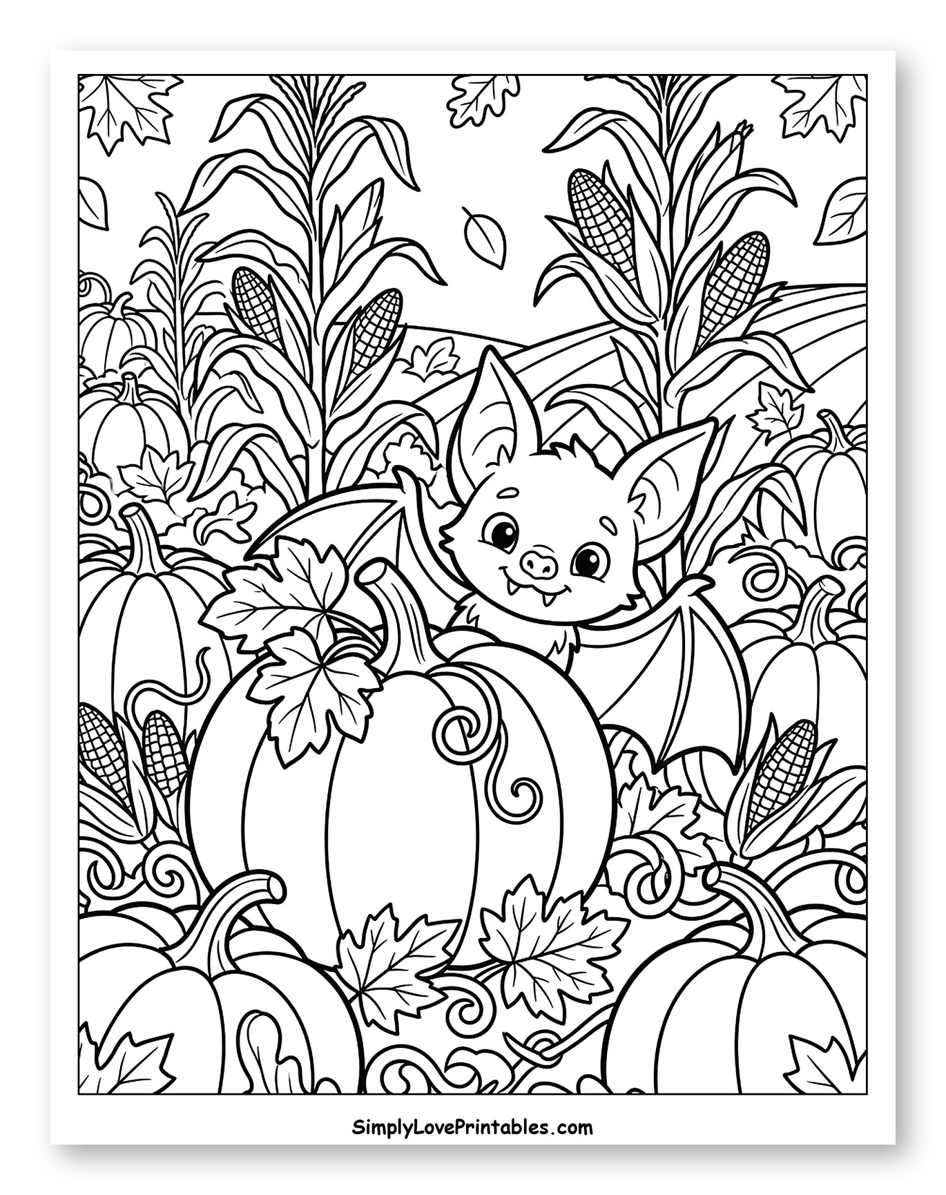 Cute Bat Among Autumn Pumpkins and Corn to Color for Kids