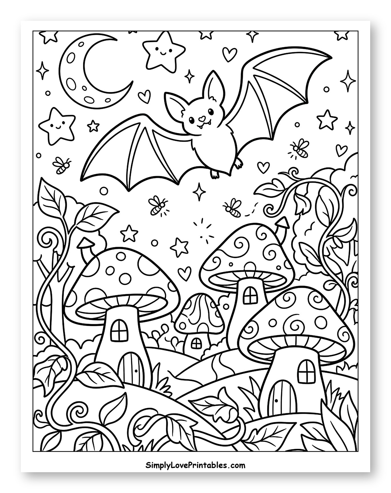 Cute Bat Flying Over Mushroom Houses
