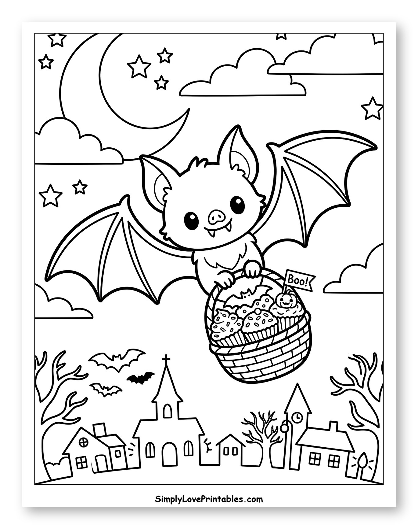 Cute Bat Flying with Halloween Cupcake Basket