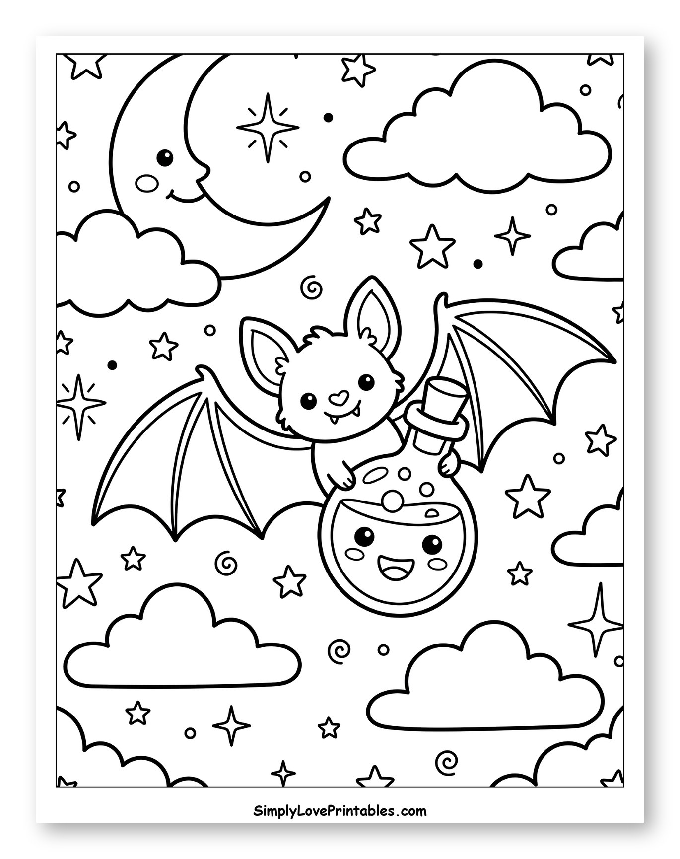 Cute Bat Flying with Smiling Potion Bottle to Color for Kids