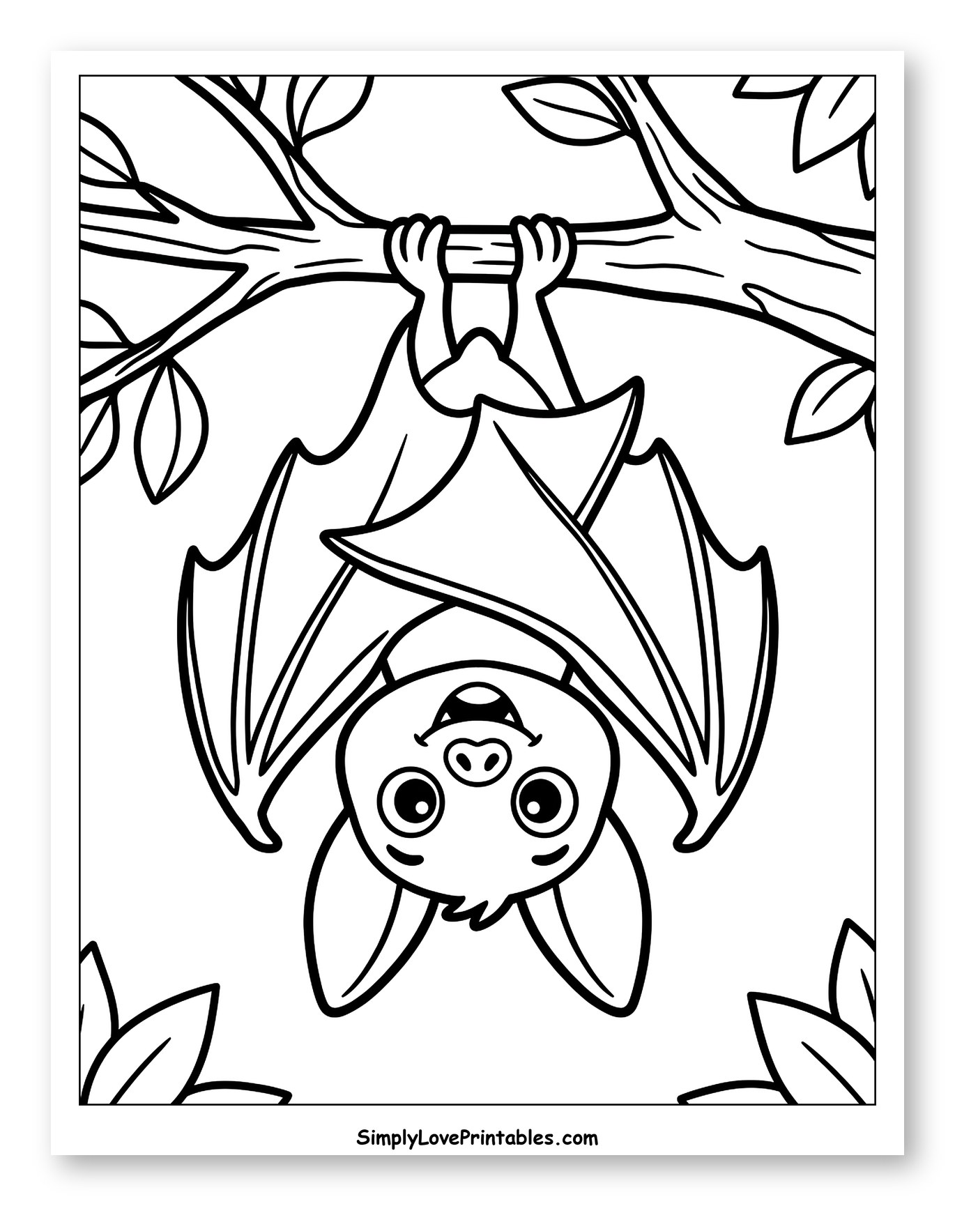 Cute Bat Hanging Upside Down from Branch Coloring Sheet for Toddlers