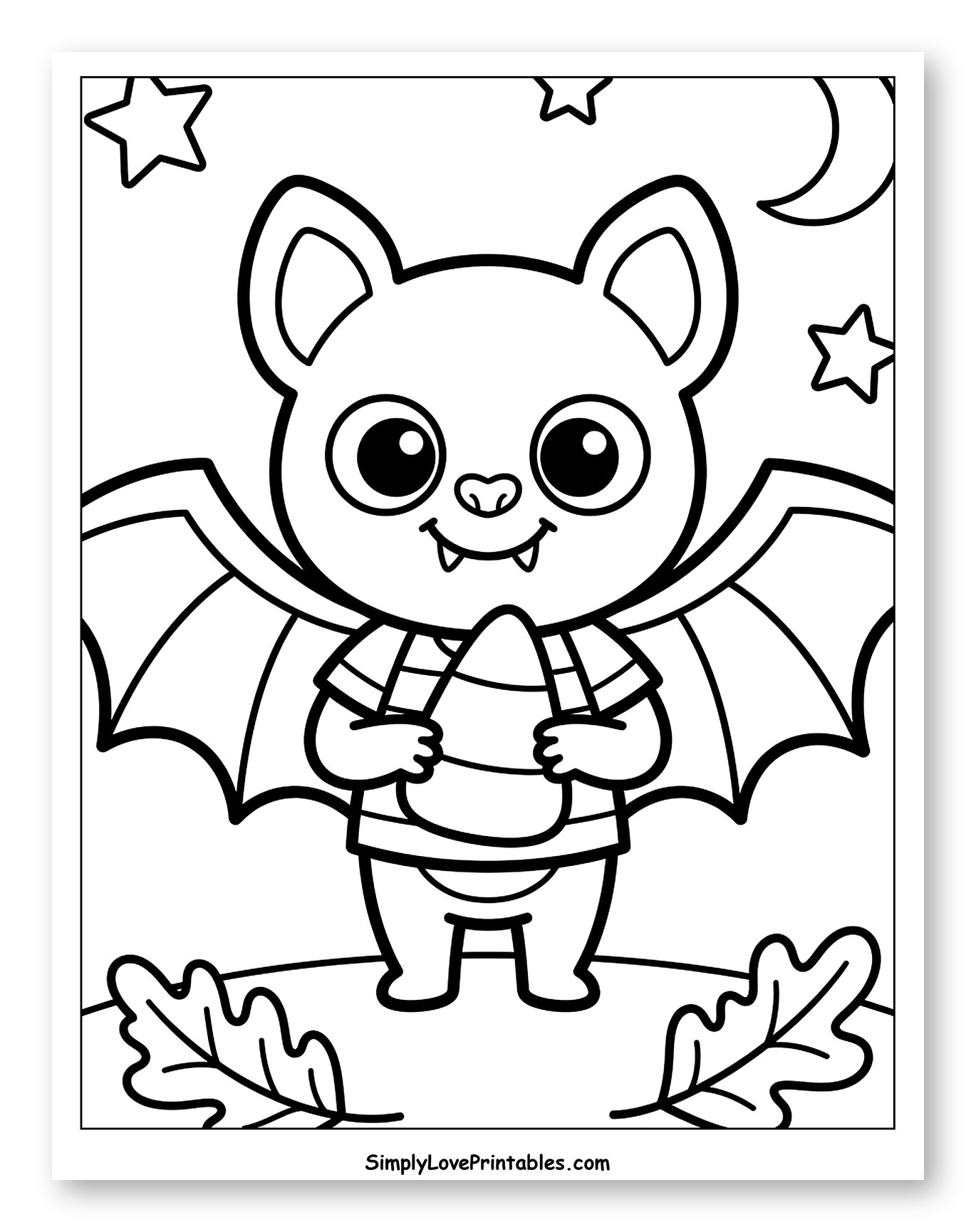 Cute Bat Holding Candy Corn with Stars and Moon