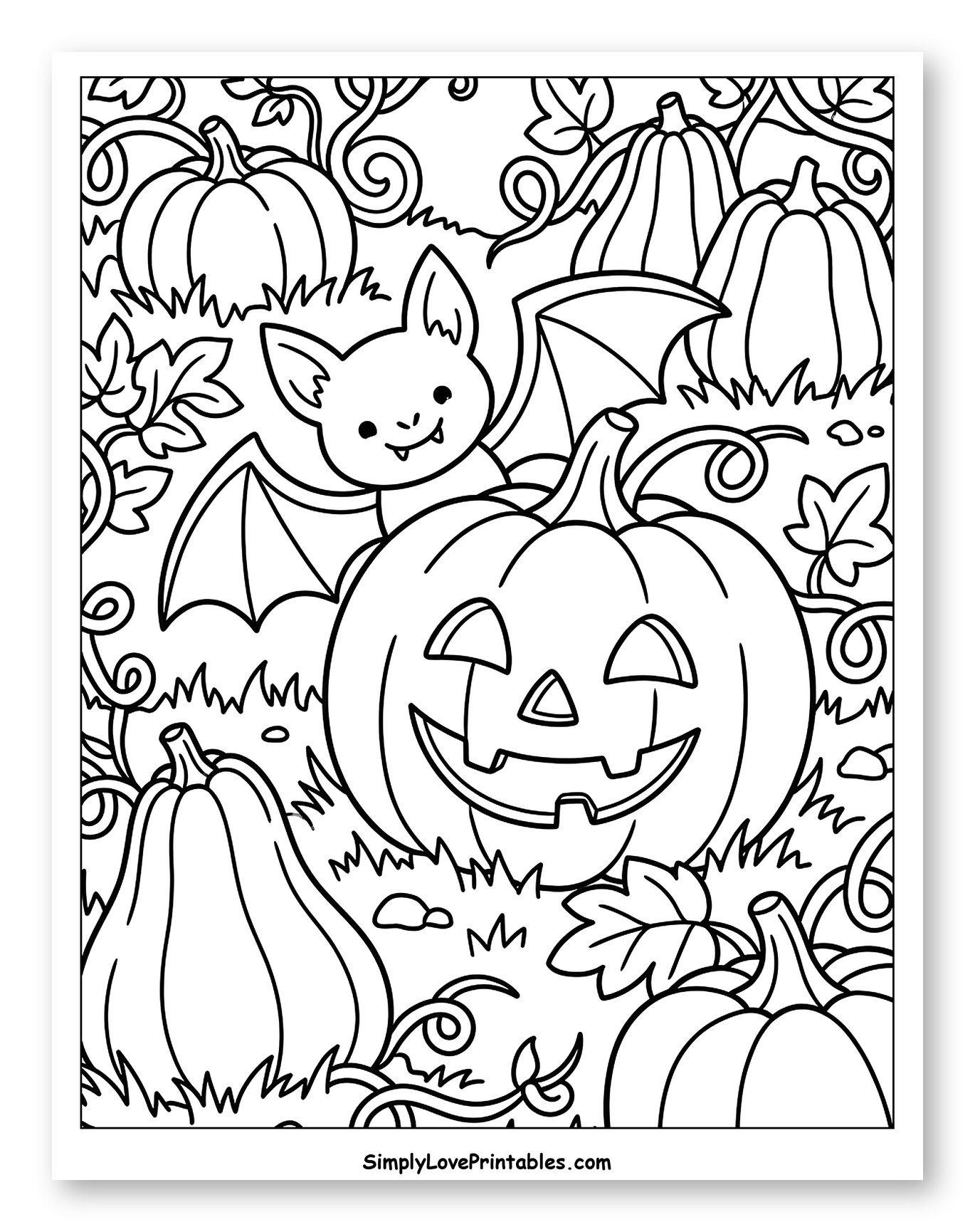Cute Bat on a Jack-o'-Lantern in a Pumpkin Patch Coloring Sheet for Kids