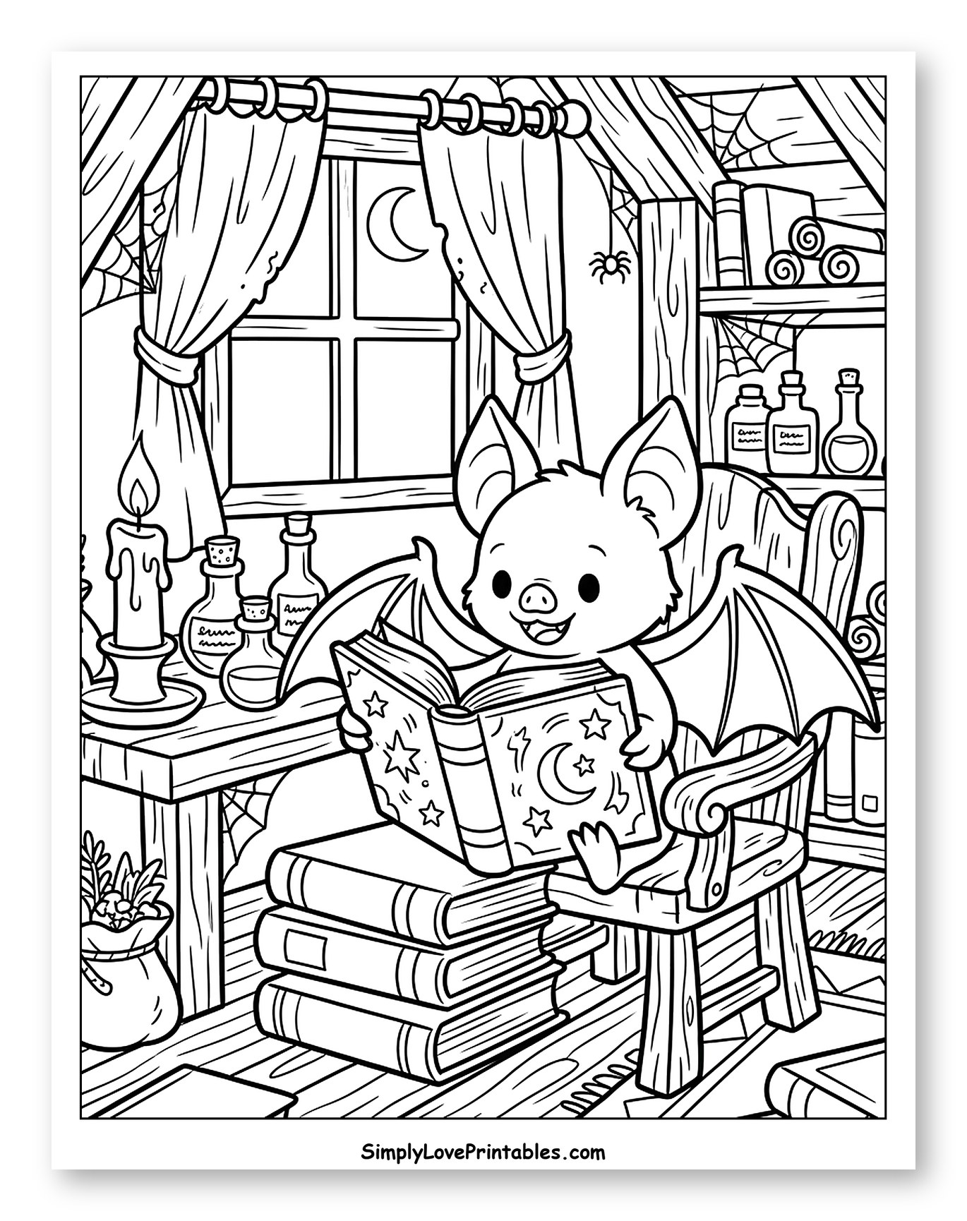 Cute Bat Reading in a Spooky Attic Coloring Sheet for Kids
