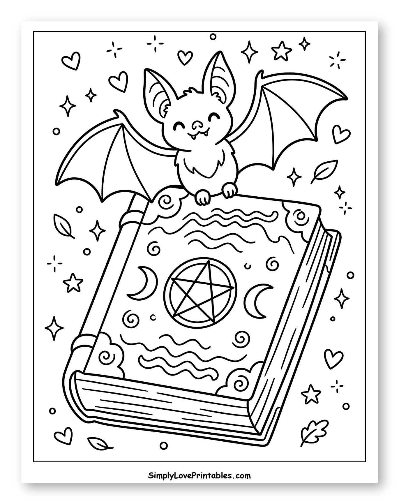 Cute Bat Sitting on a Magic Book Coloring Page for Adults