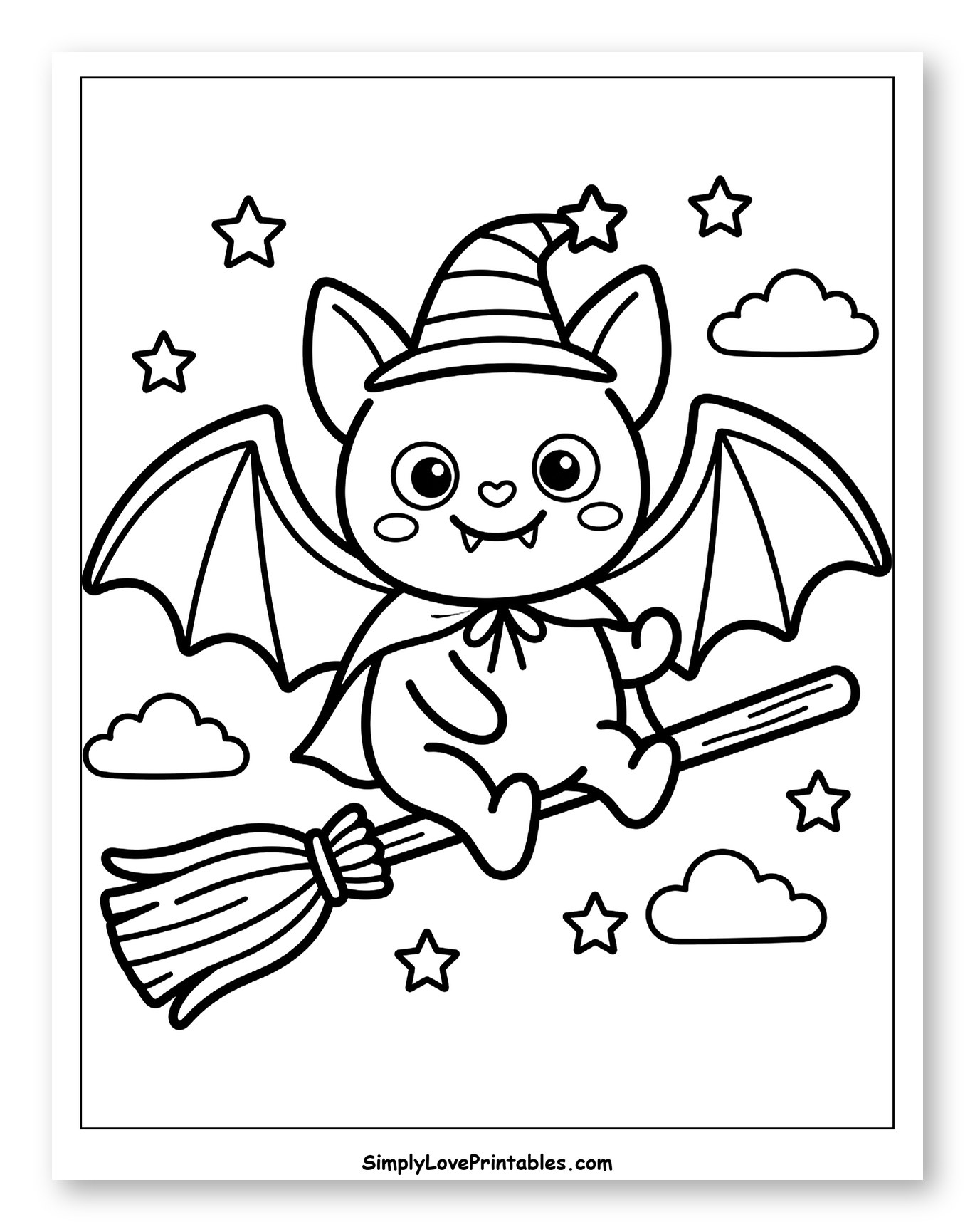Cute Bat Witch Flying on a Broomstick to Color for Toddlers