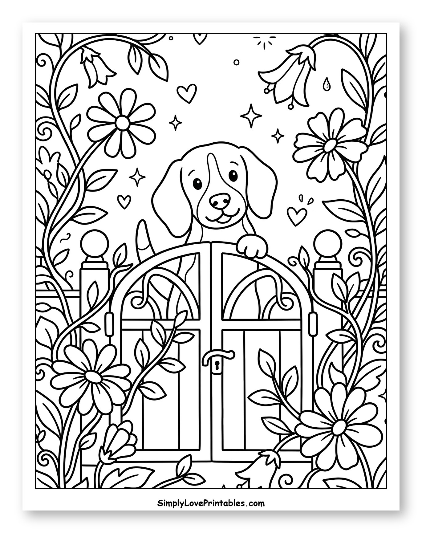 Cute Beagle Puppy Peeking Over Garden Gate to Color for Adults