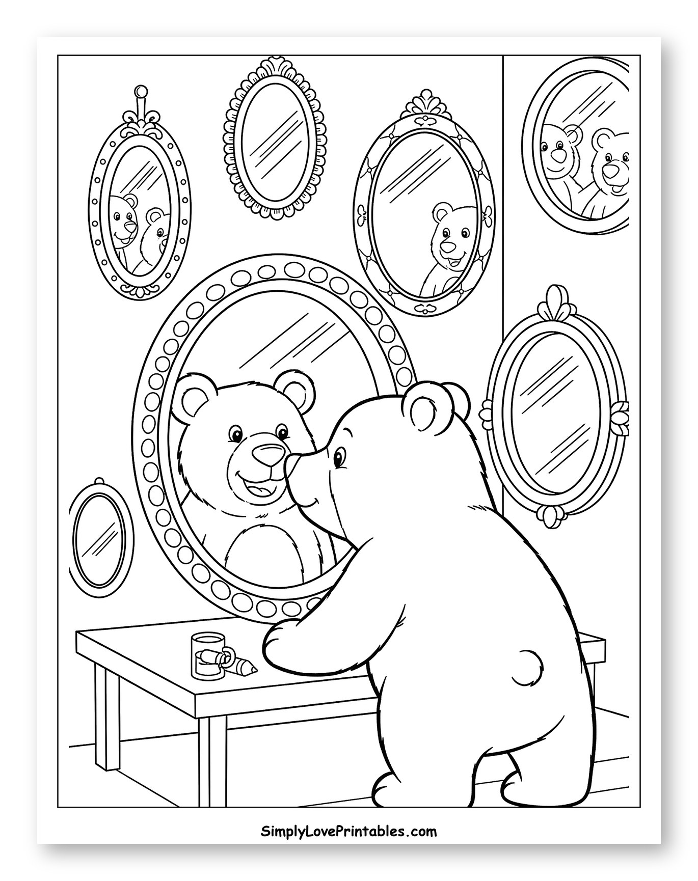 Cute Bear Admiring Its Reflection in Many Mirrors Coloring Sheet for Toddlers