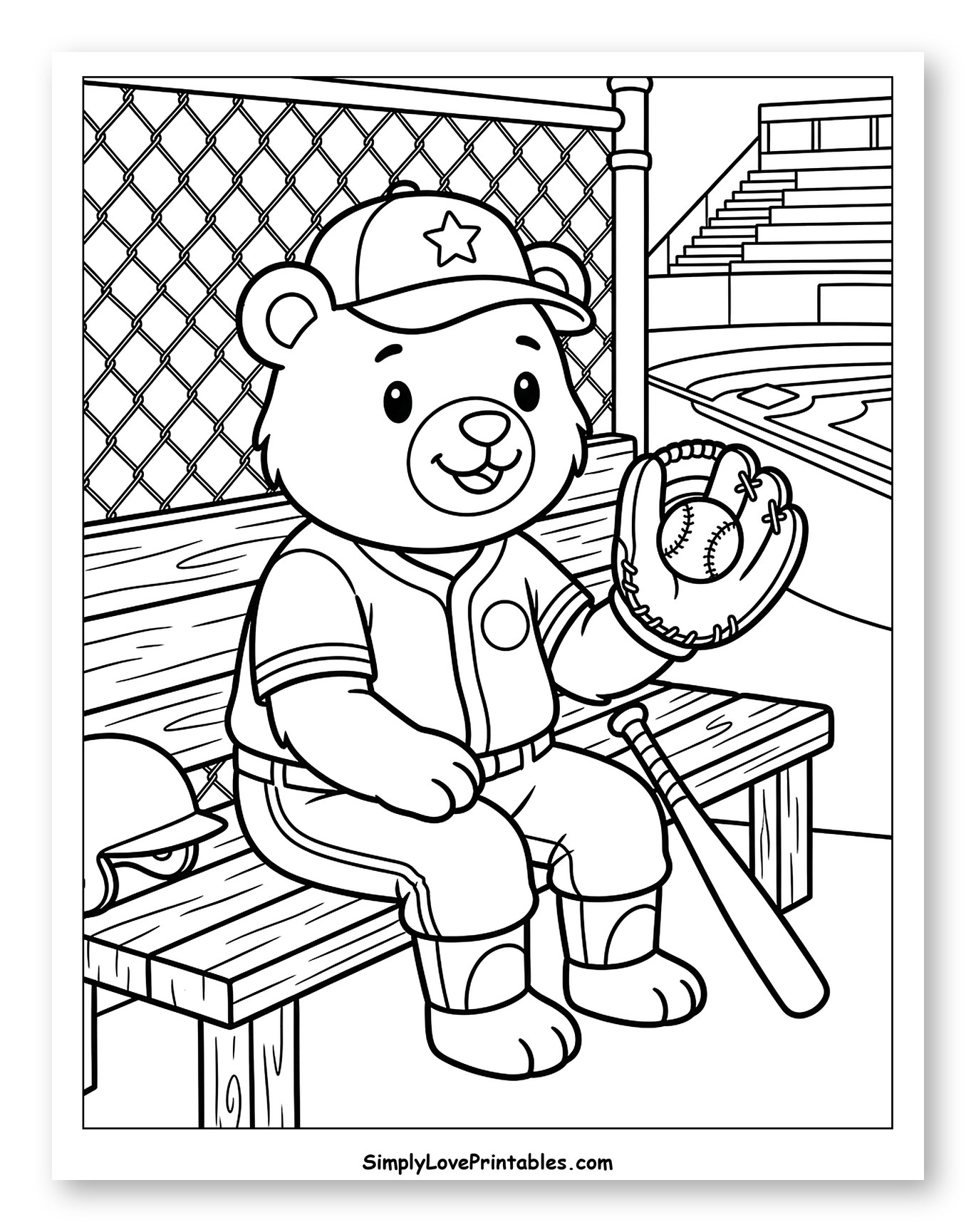 Cute Bear Baseball Player on Bench to Color for Kids