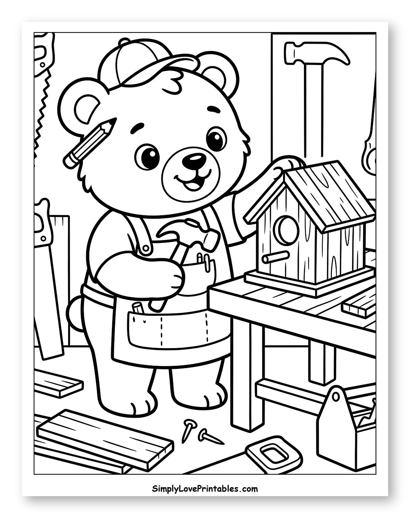 Cute Bear Carpenter Building a Birdhouse