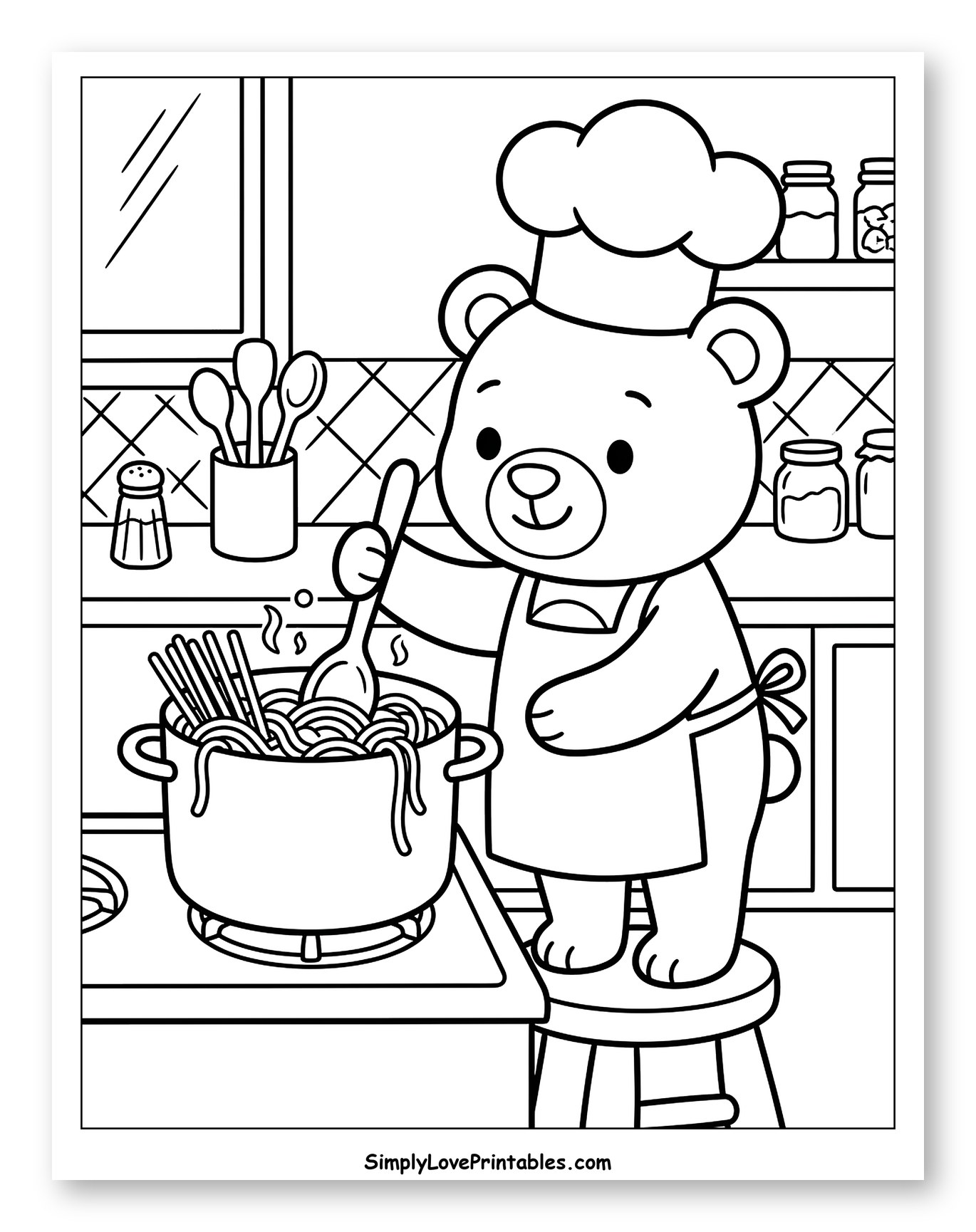 Cute Bear Chef Cooking Spaghetti