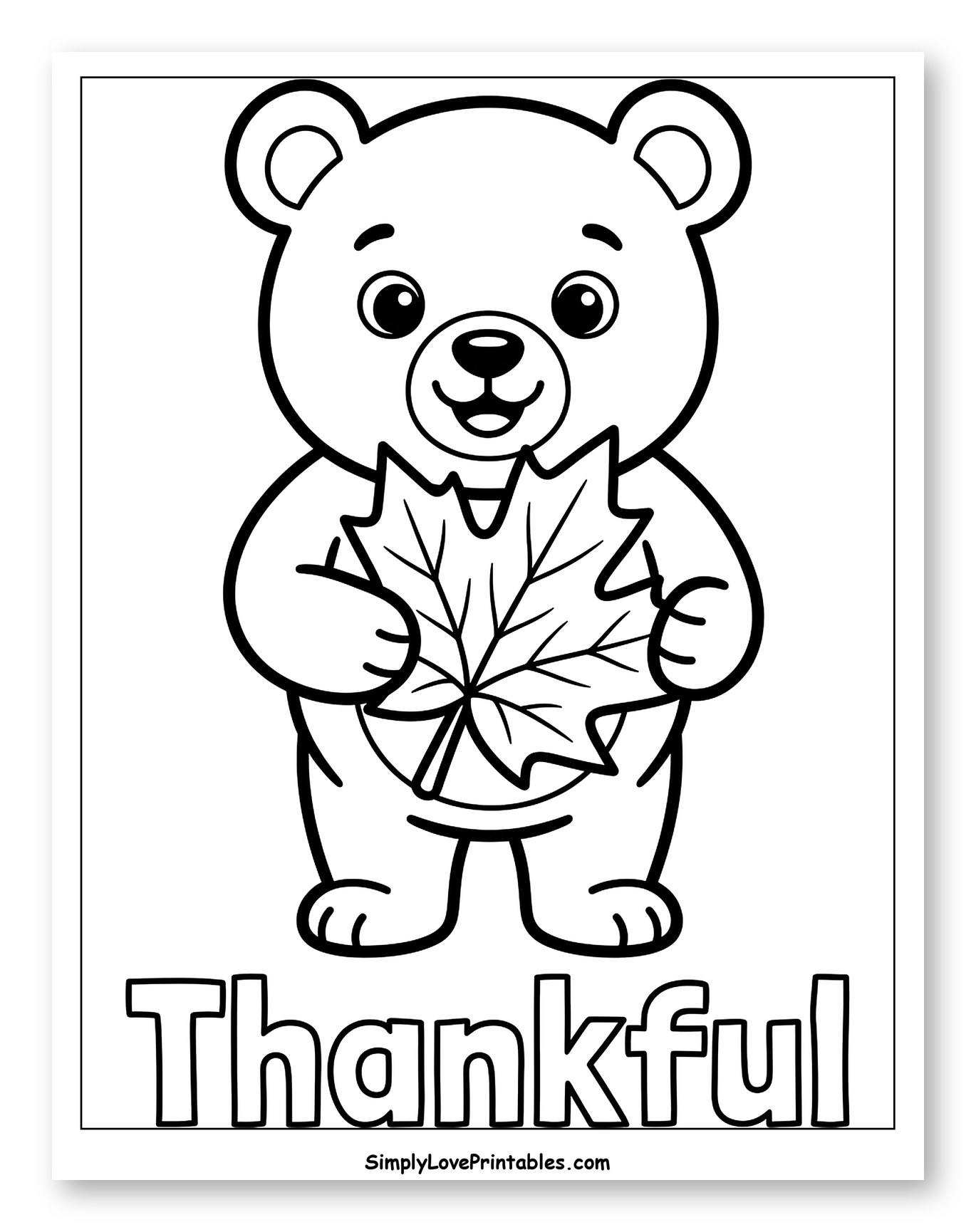Cute Bear Cub Holding a Maple Leaf Coloring Page for Toddlers