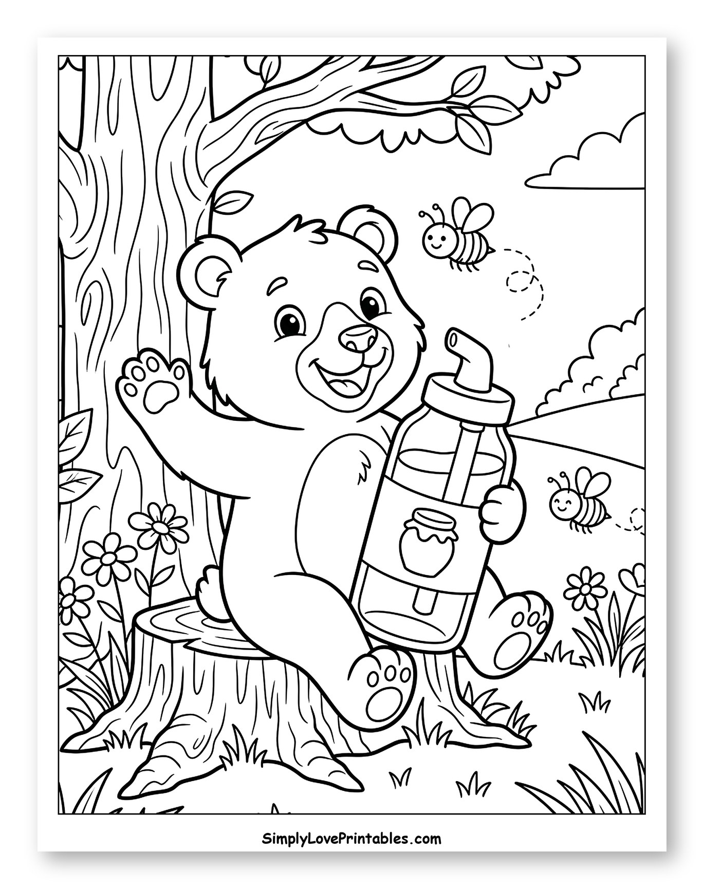 Cute Bear Cub Holding Honey Bottle with Bees Coloring Page for Kids