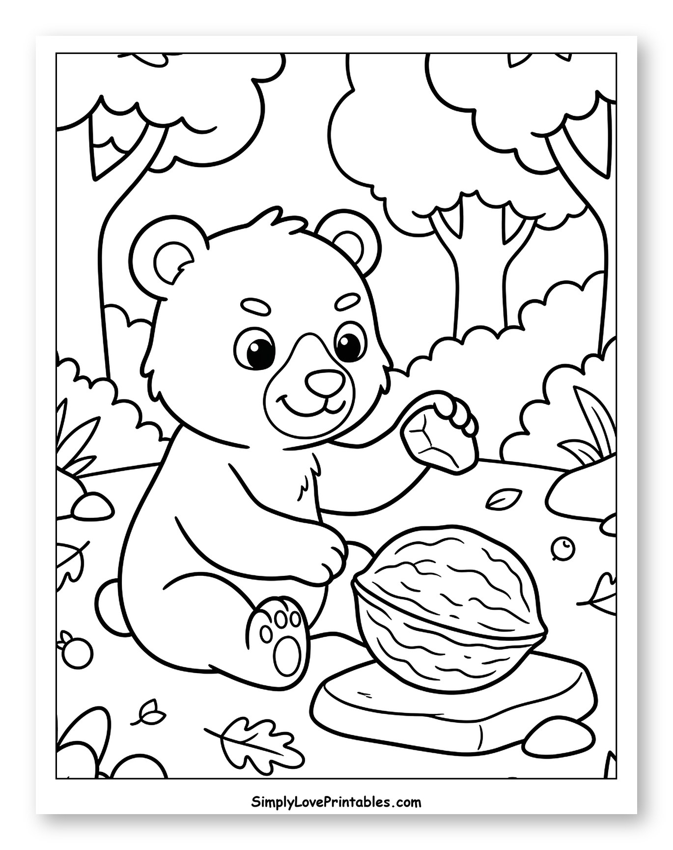 Cute Bear Cub with Big Walnut Coloring Page for Kids