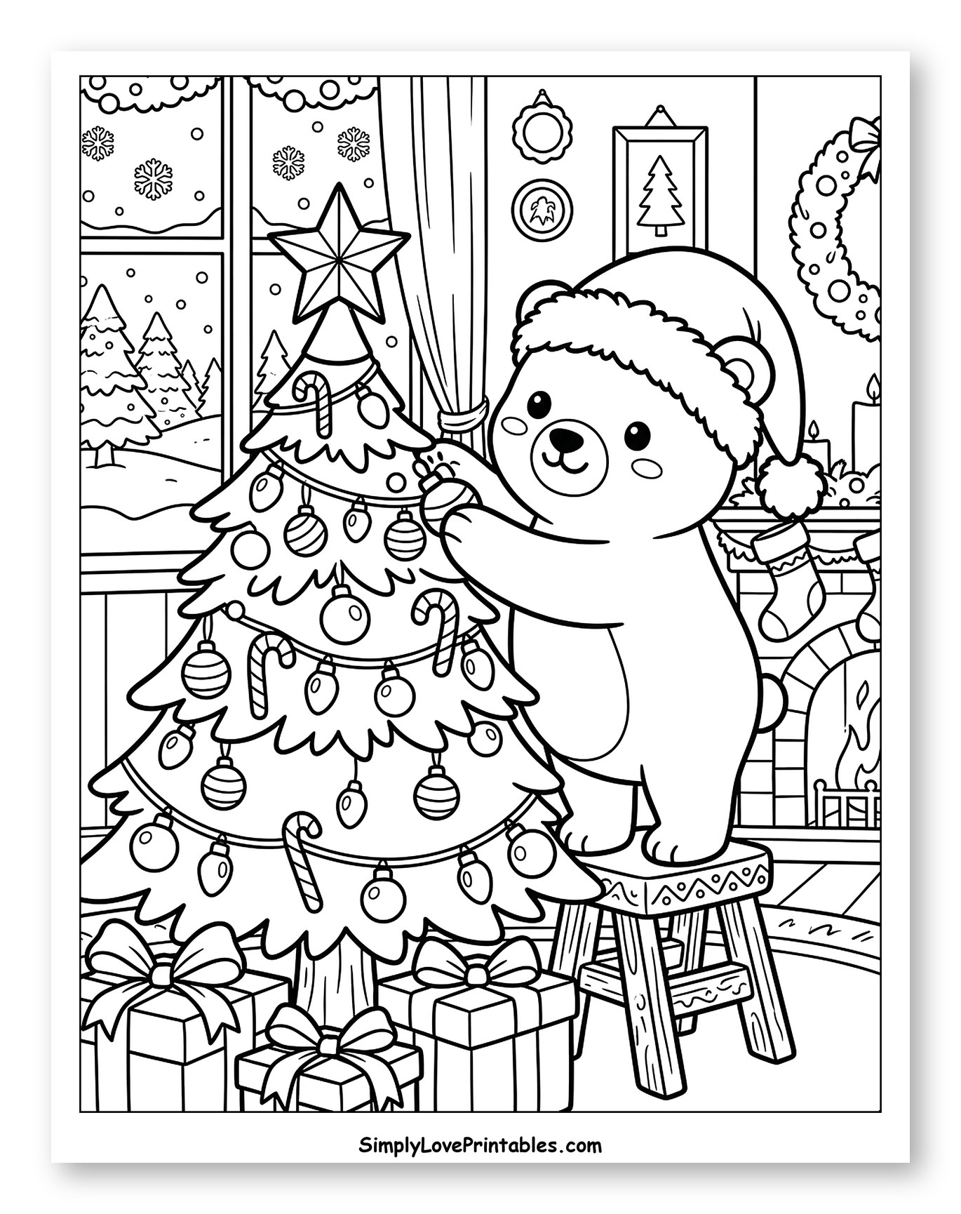 Cute Bear Decorating a Christmas Tree
