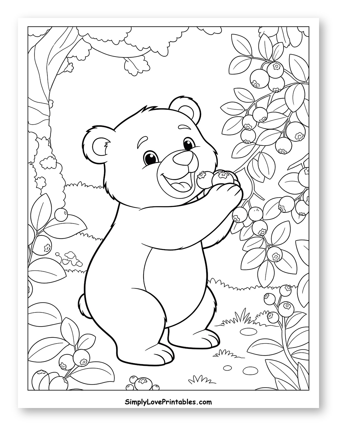 Cute Bear Eating Blueberries in a Forest Coloring Sheet for Kids