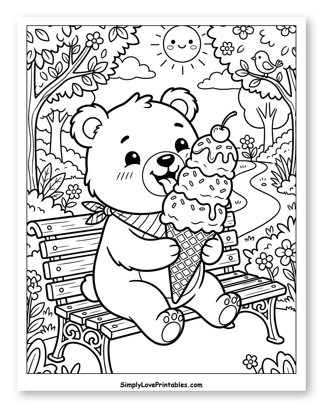 Cute Bear Eating Ice Cream on Bench Coloring Sheet for Kids