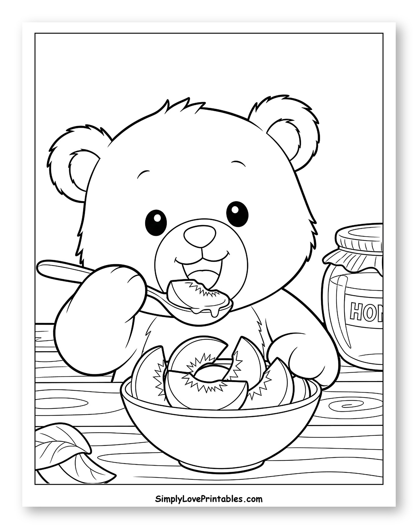 Cute Bear Eating Peaches and Honey to Color for Kids